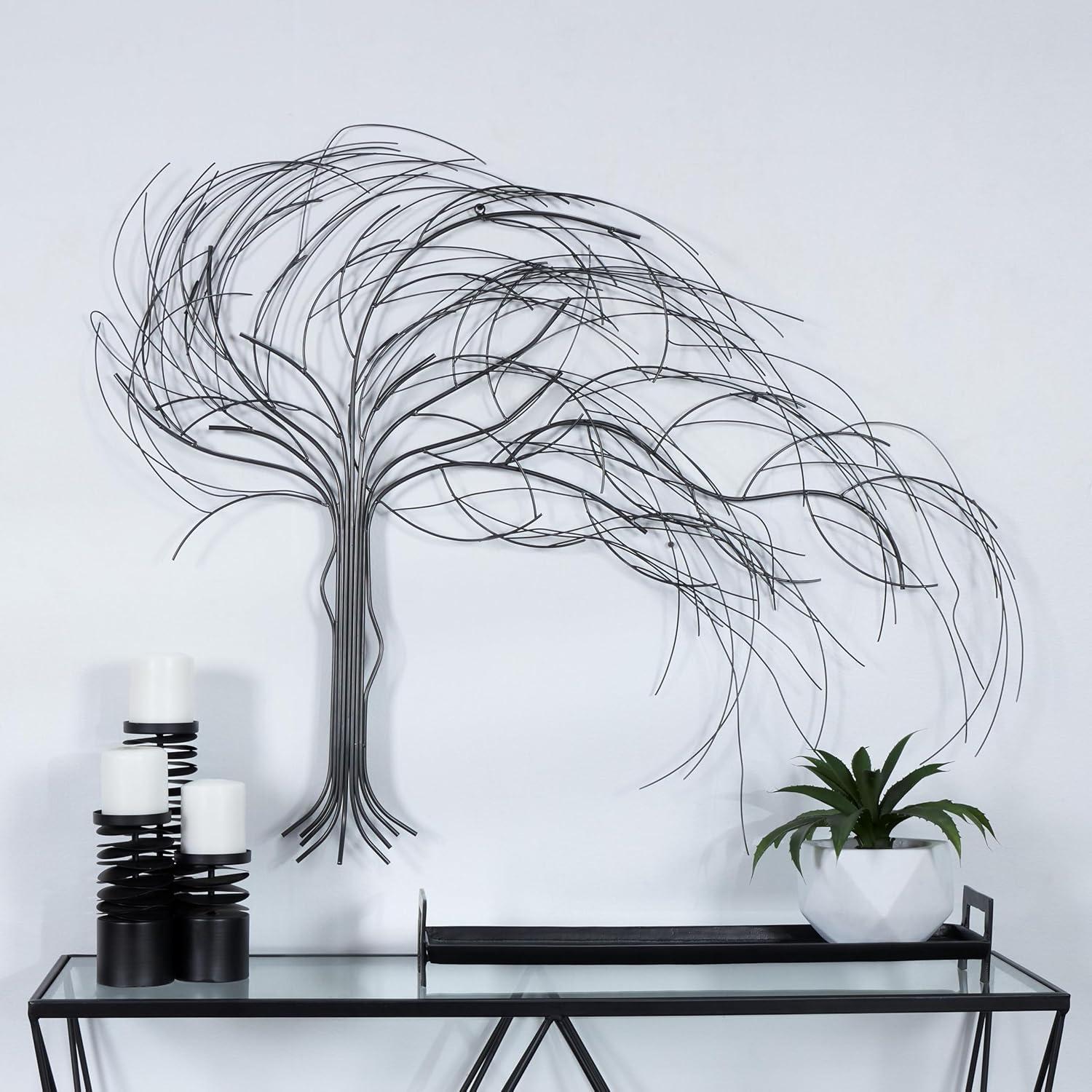 Silver Metal Wind-Blown Tree Wall Sculpture 54" x 36"