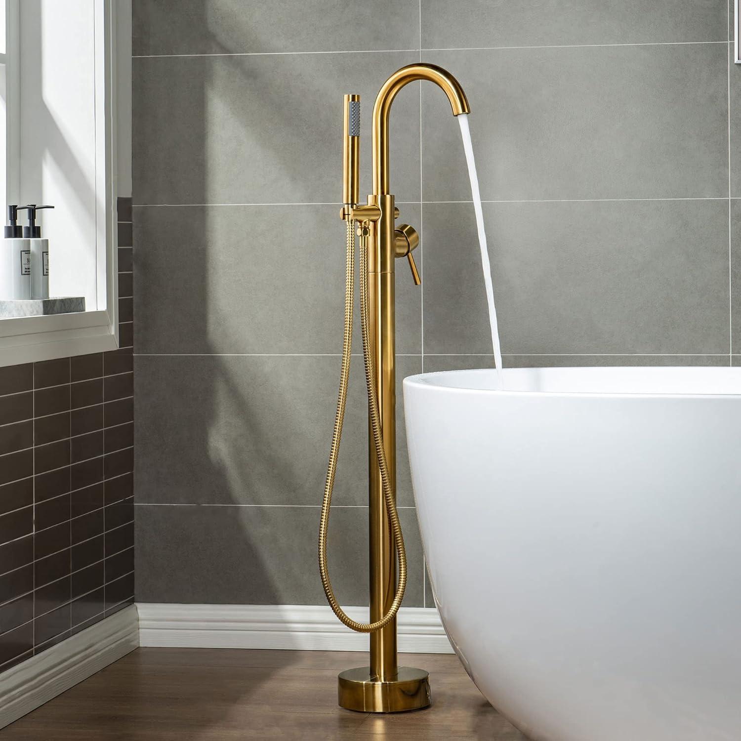 Brushed Gold Freestanding Tub Filler Faucet with Hand Shower