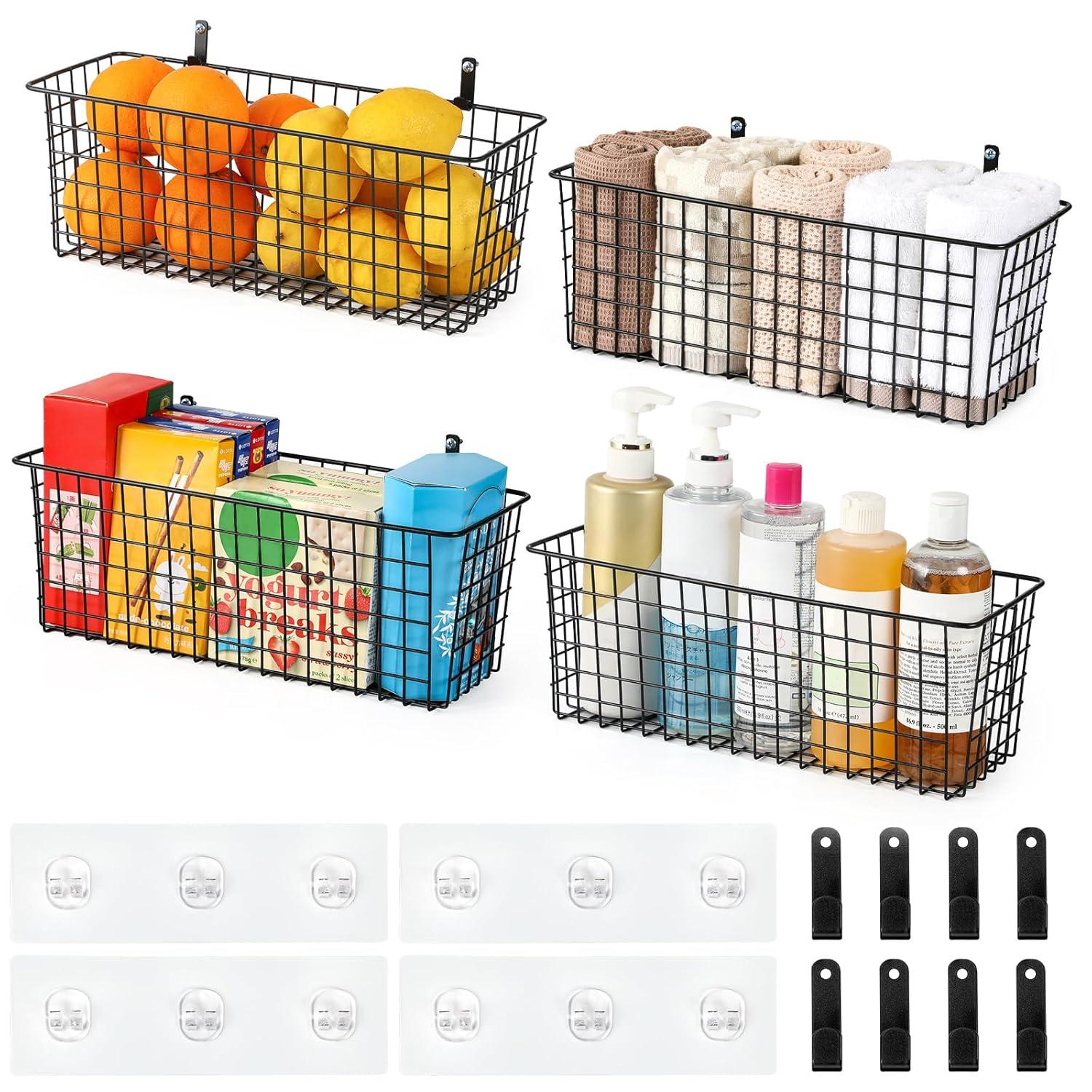 [2 Wall Mounting Options], 4 Set EXTRA LARGE Hanging Wall Mount Basket for Storage with Adhesive Hooks & Steel Hooks, Sturdy Wire Metal Baskets, Home Kitchen Bathroom Pantry Organizer, Industrial Gray