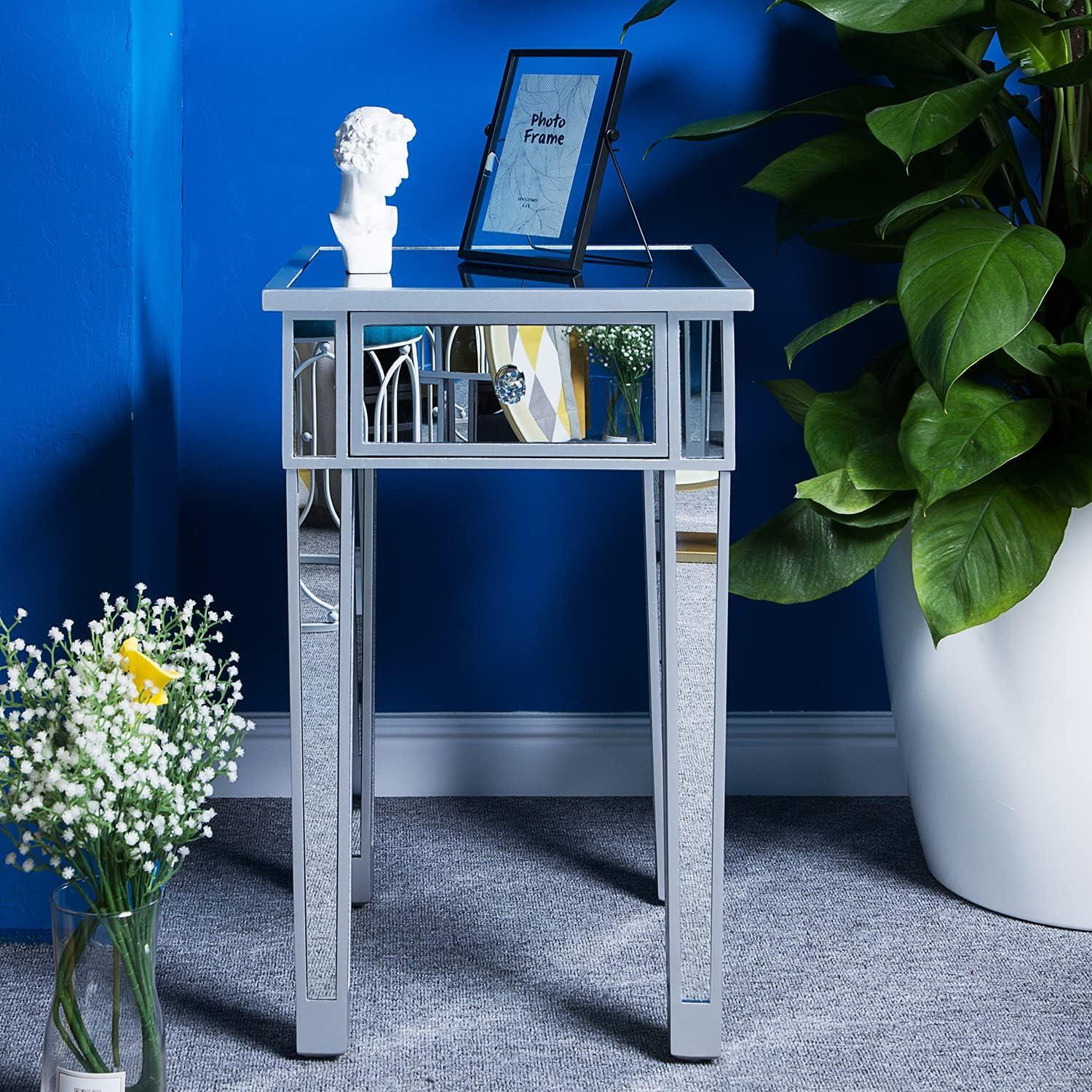 Silver Mirrored End Table with Drawer and Solid Wood Legs