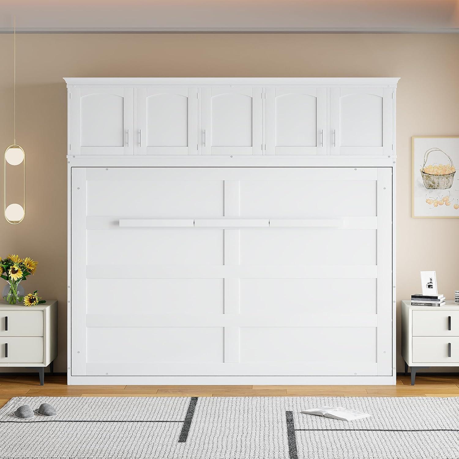 White Queen Size Murphy Bed with Storage Cabinets and Slats