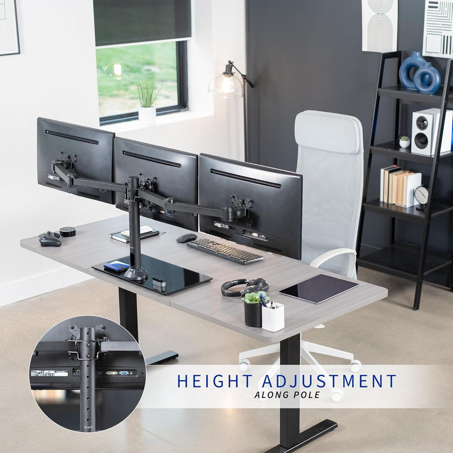 Black Triple Monitor Mount with Glass Base and Steel Arms