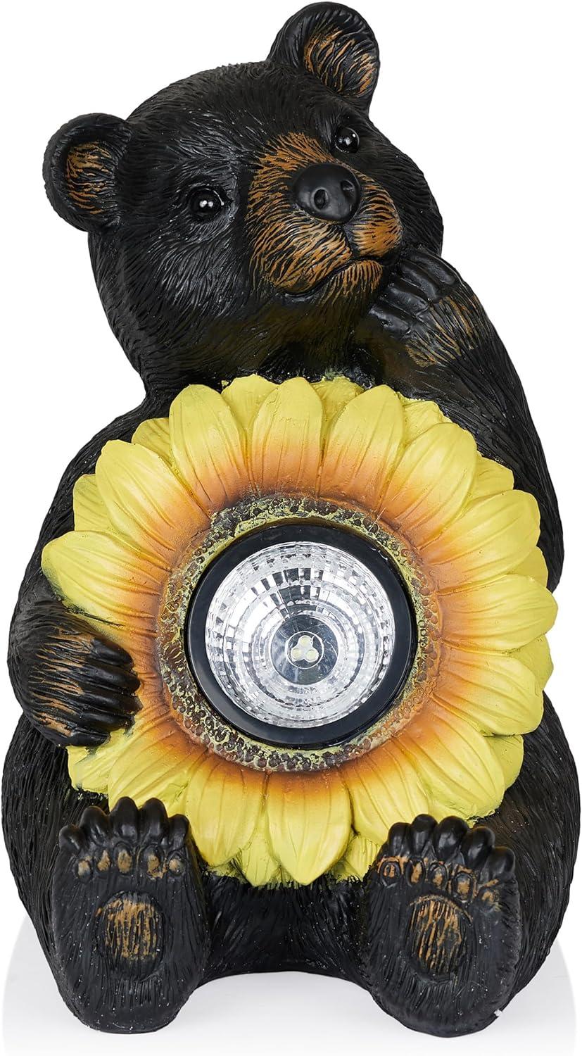 Alpine Corporation GXT520SLR-L Solar Powered Bear Statue with LED Sunflower for Outdoor Lawn and Yard Decoration, 16" H, Brown