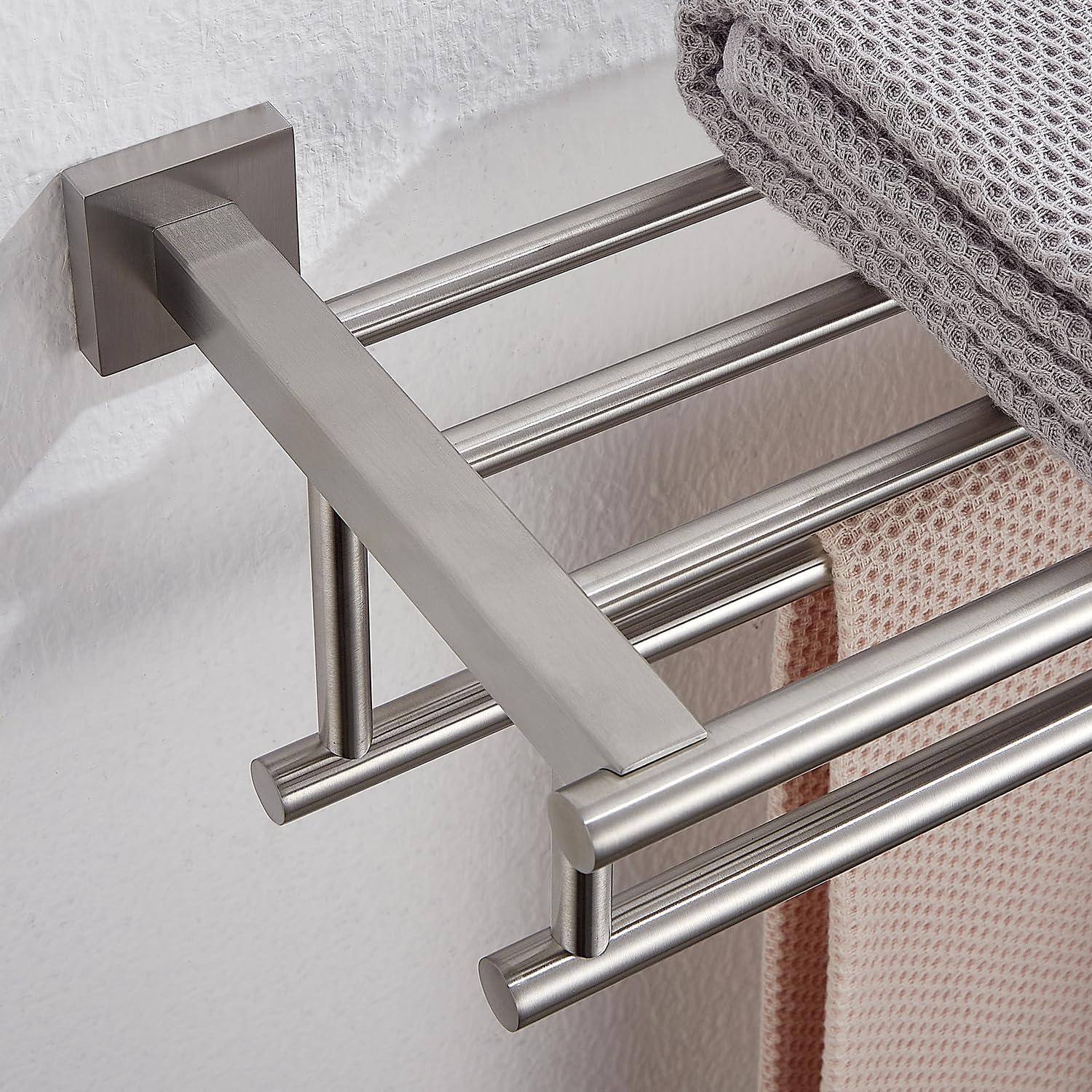 Brushed Nickel Wall-Mounted Double Towel Rack with Shelf