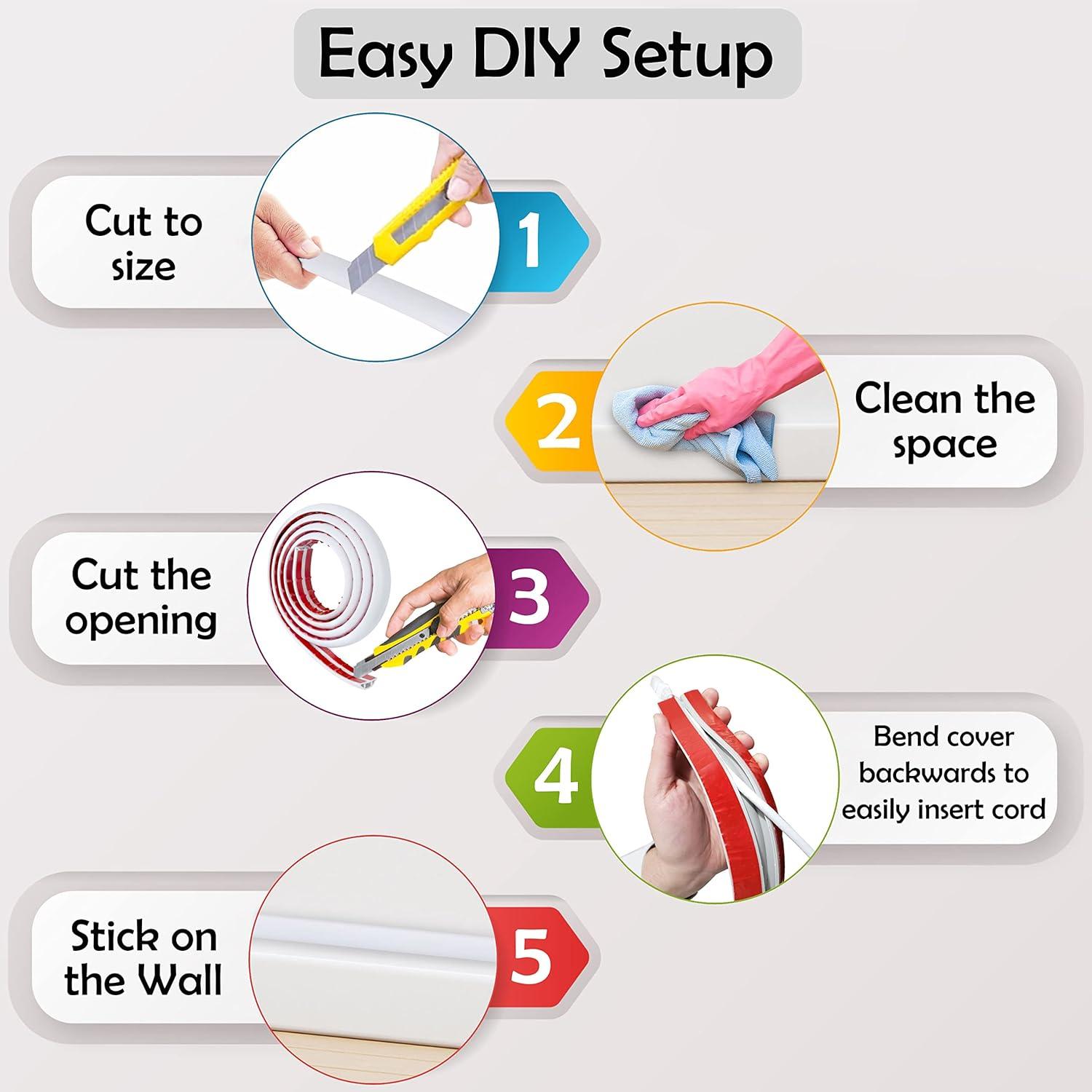 Rubber Bond TV Cord Hider Cable Protector - Strong Self Adhesive Wall Cord Cover Cable Hider - Low Profile Cable Management Wall Cord Concealer Cable Raceway - White - Thin Cord - 4 Feet