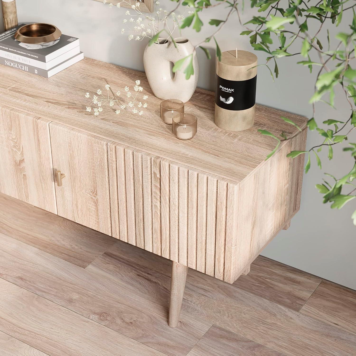 Living Skog  Chelsea Brown TV Stand Fits for TV's up to 65 in. with Slatted Design and Wood Legs Beige Matte Laminate, MDF