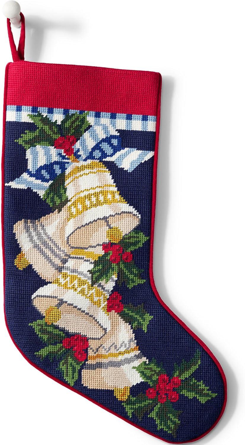 Lands' End Needlepoint  Christmas Stocking - One Size Fits Most - Bells