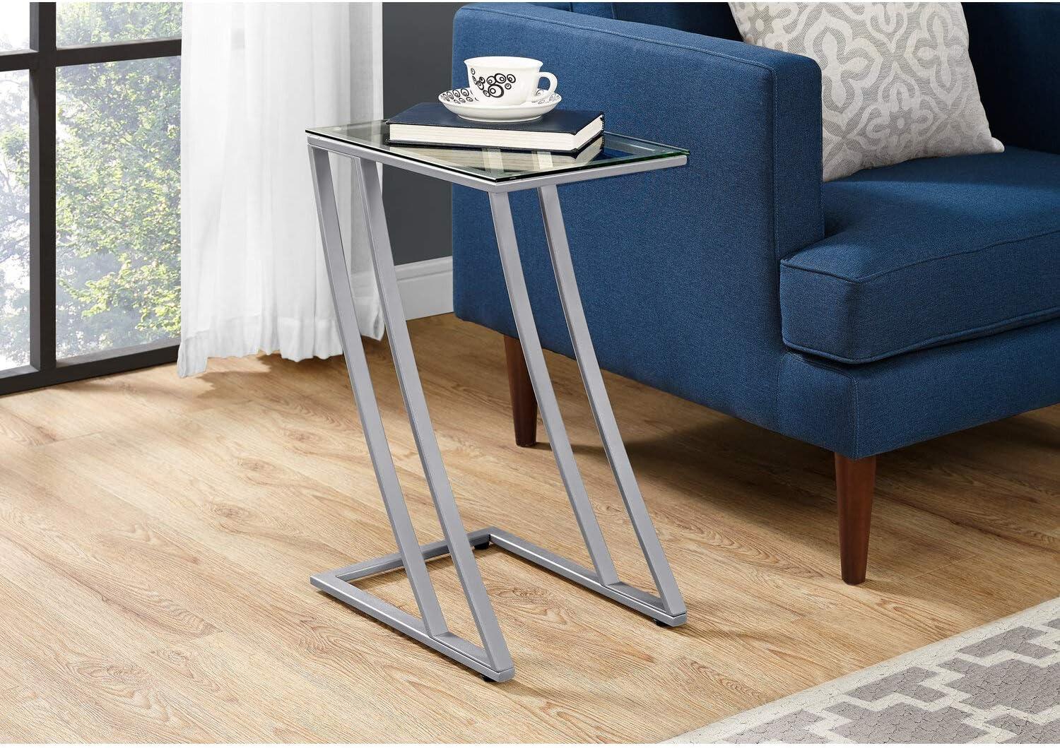 Monarch Specialties Accent Table C-Shaped End Side Snack Living Room Bedroom Metal Tempered Glass Grey Clear Contemporary Modern