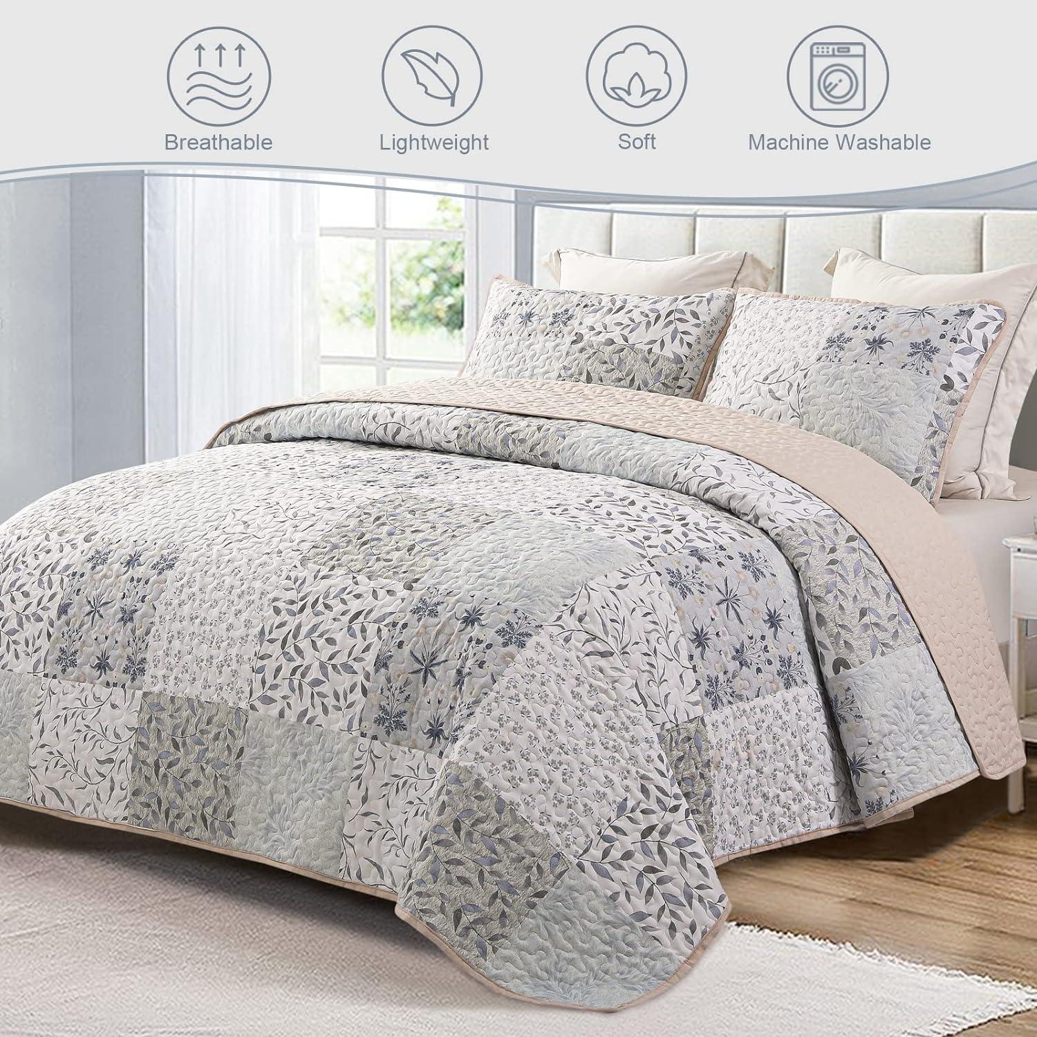 Queen Size Light Gray Patchwork Quilt Set with Floral Pattern