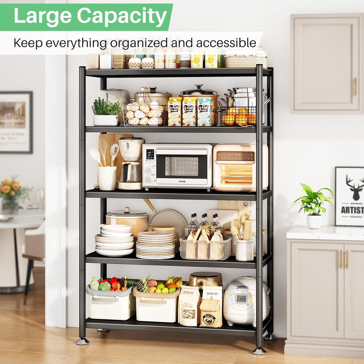 Metal Shelving for Storage, 5 Tier Adjustable Kitchen Storage Shelves with Wheels, Shelving Unit Bookshelf Utility Shelf Metal Storage Rack for Garage Pantry Closet Laundry, 35.8"x13"x59.65"