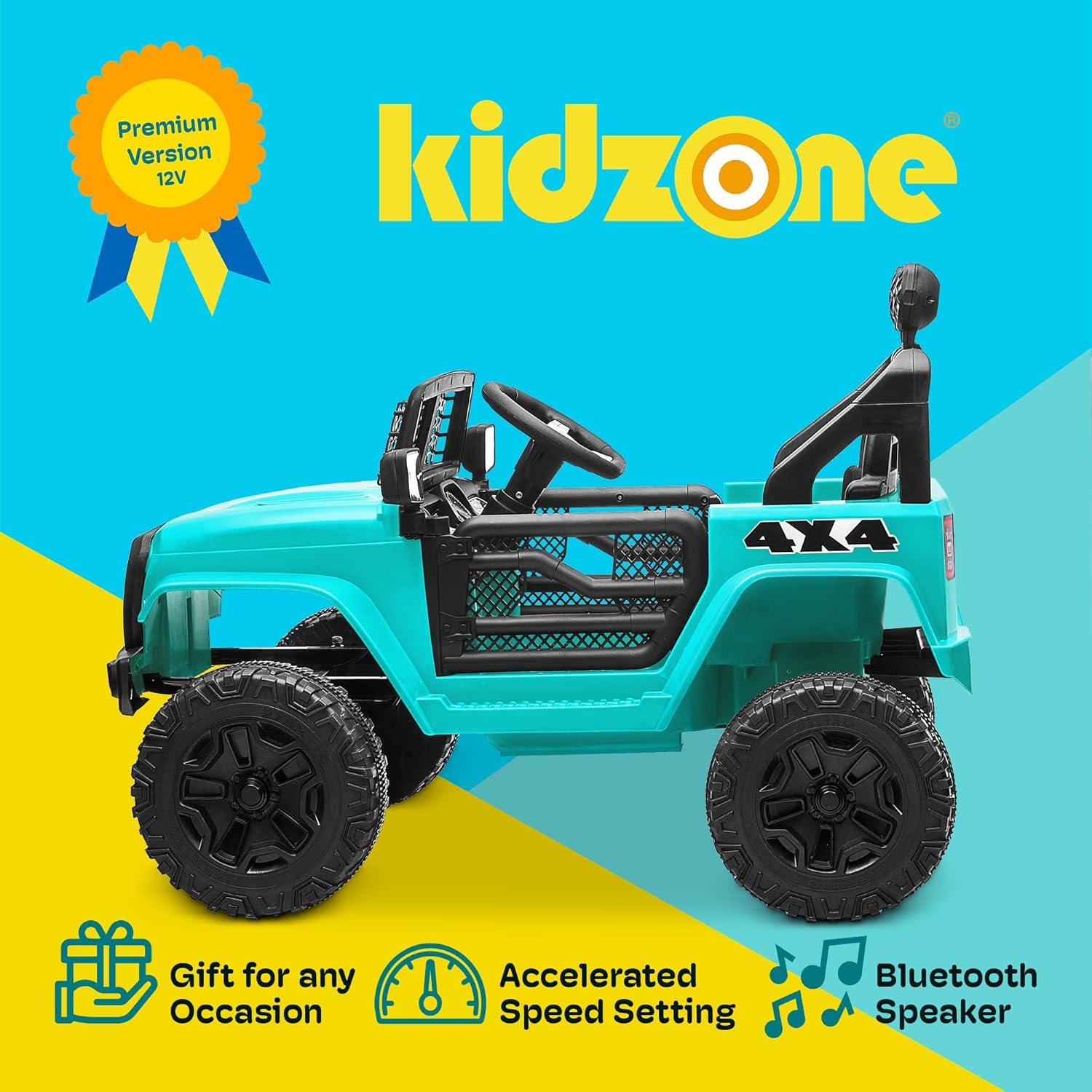 Kidzone Ride On Truck 12V Battery Powered Electric Kids Car Vehicle Toy with DIY License Plate, 4 Wheeler Quad, Parent Remote Control, MP3, High Low Speeds, LED Lights - Green