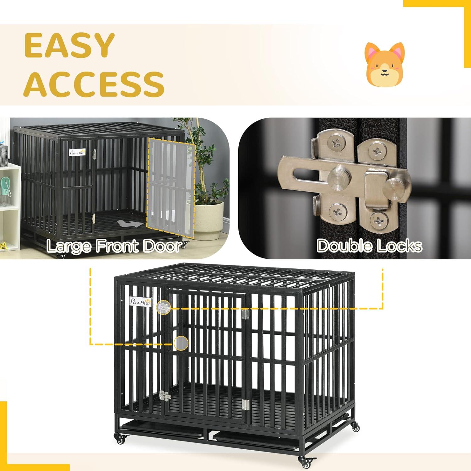 PawHut 41" Heavy Duty Dog Crate Metal Kennel and Cage Dog Playpen with Lockable Wheels, Slide-out Tray and Anti-Pinching Floor