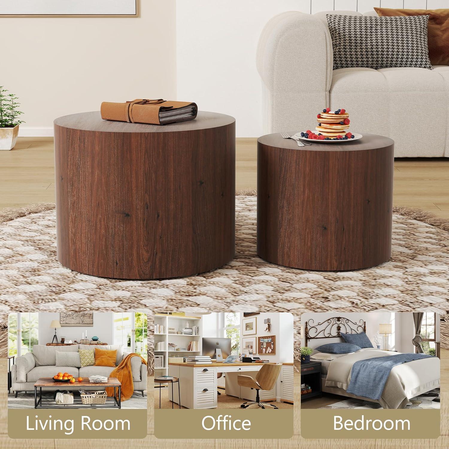 Coffee Table Set of 2, Round Walnut Wooden Coffee Tables Modern Circle End Table Side Table for Small Spaces Living Room, Bedroom, Balcony, Office