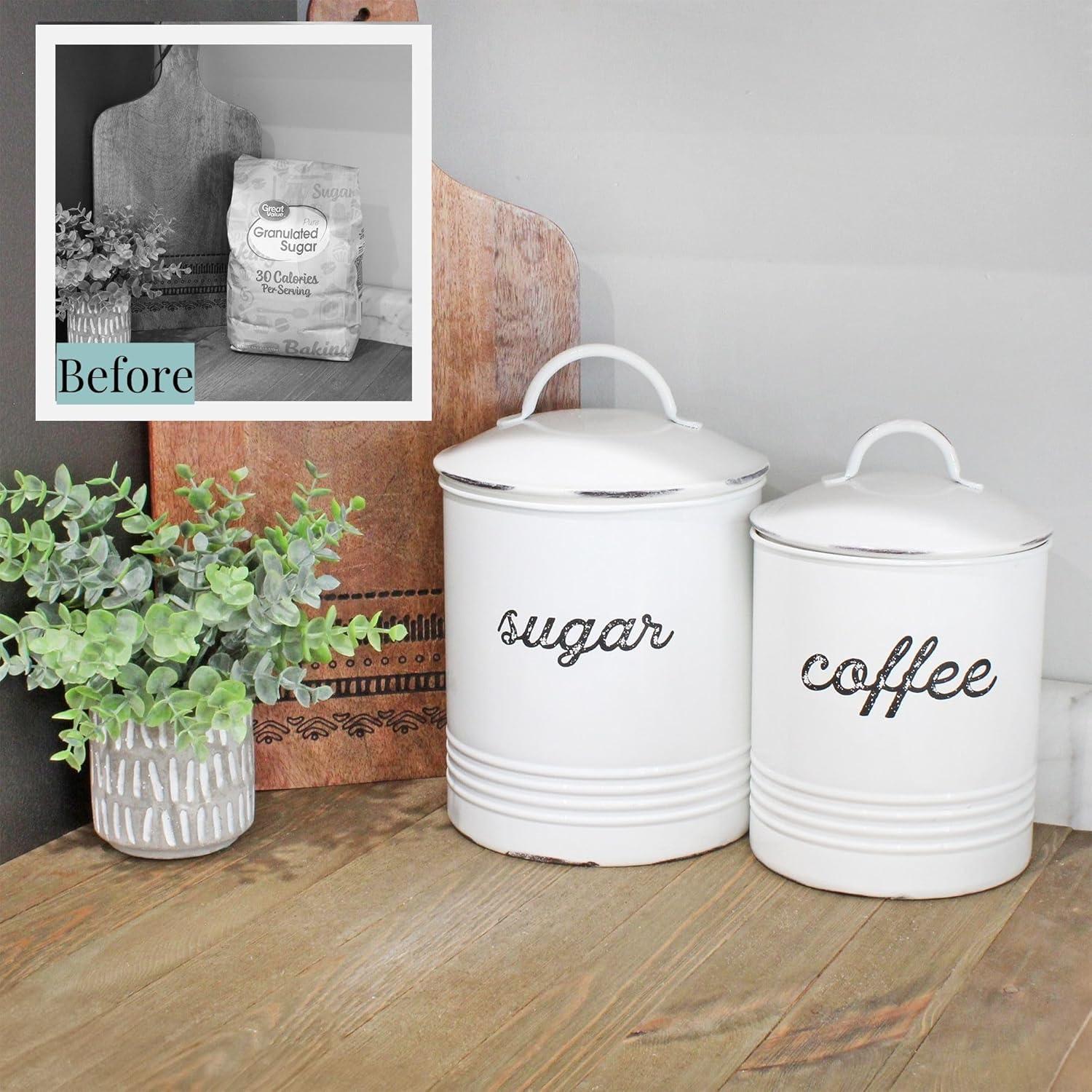 AuldHome Design Enamelware White Sugar Canister; Rustic Farmhouse Style Kitchen Storage