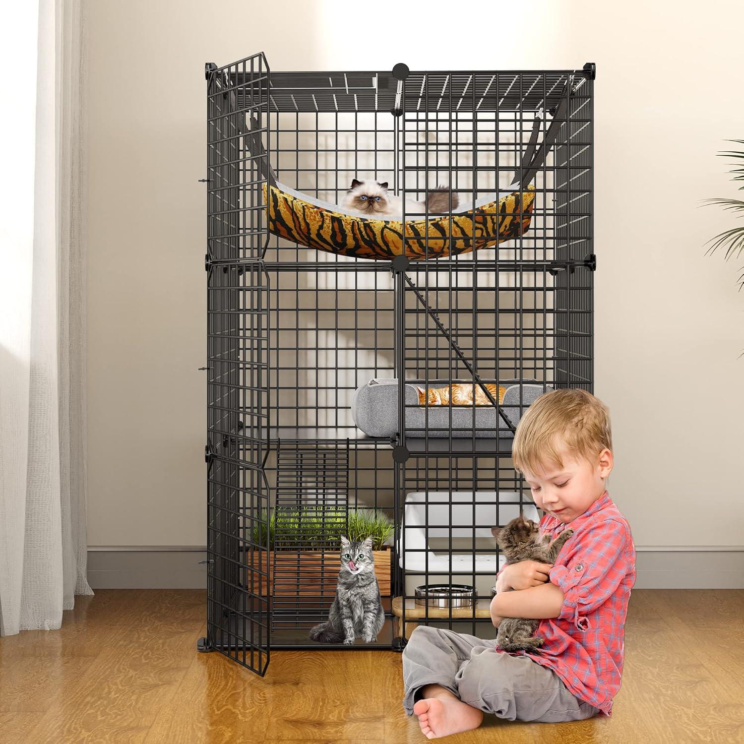 Cat Cage Indoor Catio DIY Cat Enclosures Metal Cat Playpen 3-Tiers Kennels Pet Crate with Extra Large Hammock for 1-2 Cats, Rabbit