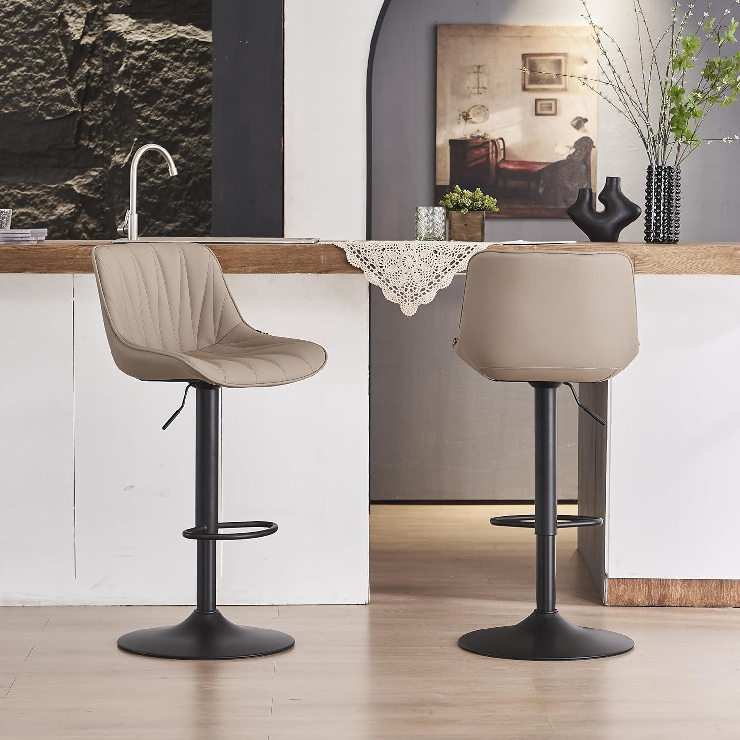 Khaki Adjustable Swivel Faux Leather Bar Stools with Metal Base