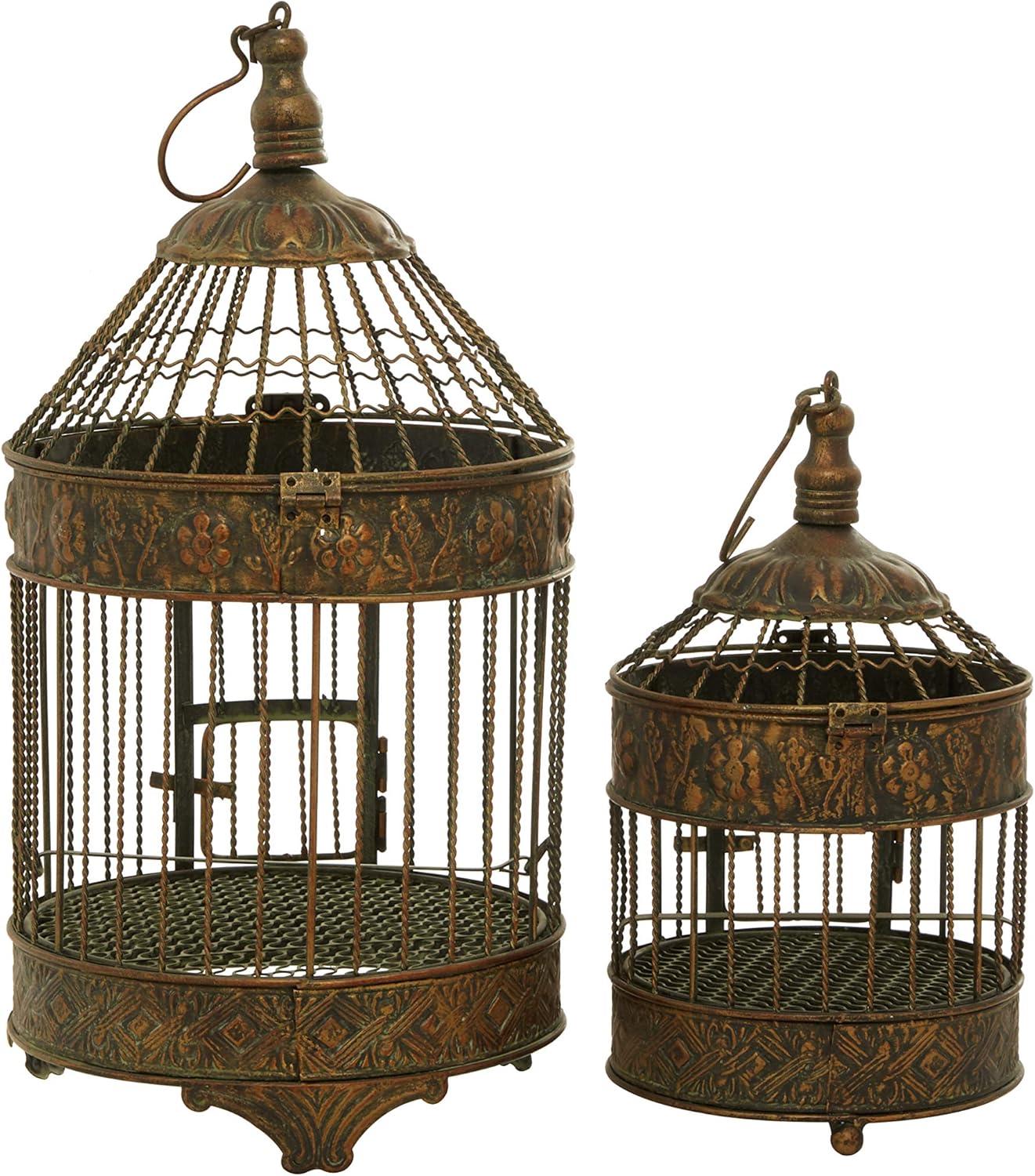 DecMode Hinged Top Bronze Metal Birdcage with Latch Lock Closure and Top Hook, Set of 2