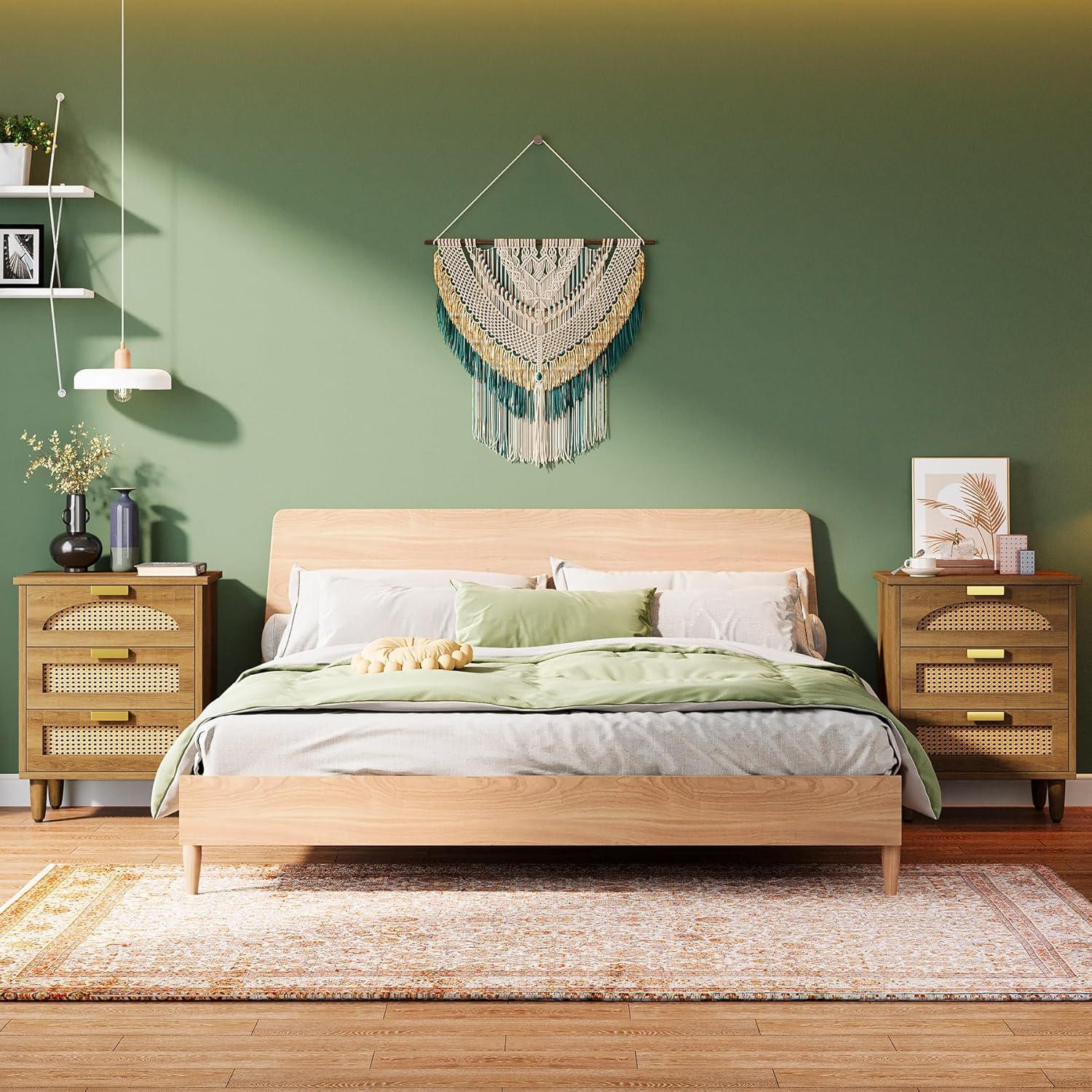 Tribesigns Mint Green Nightstand, 3-Drawer Rattan Night Stand Side Table, Accent Bedside Tables End Table for Bedroom and Small Spaces, Easy Assembly (1, Green)