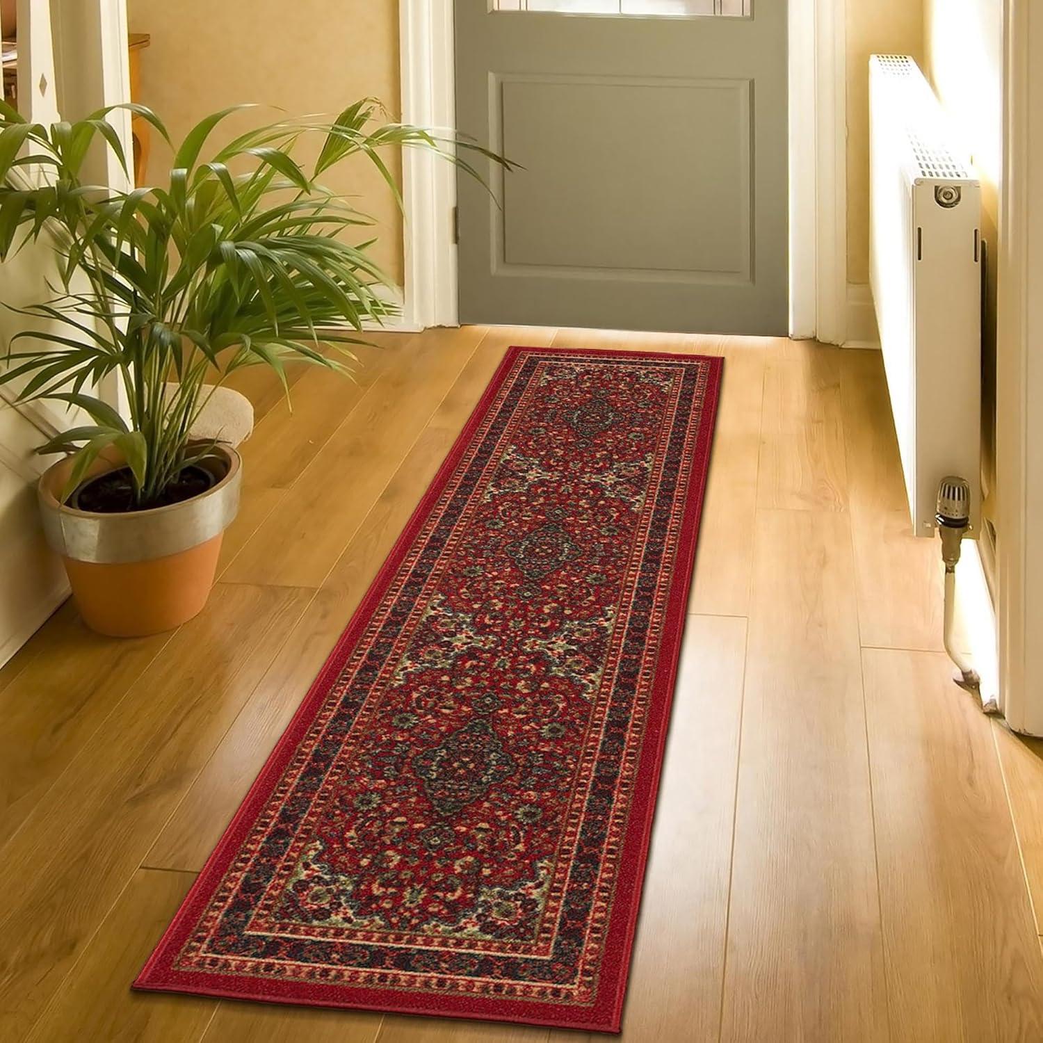 Elegant Red Oriental Runner Rug with Non-Slip Rubber Backing, 59"L x 20"W