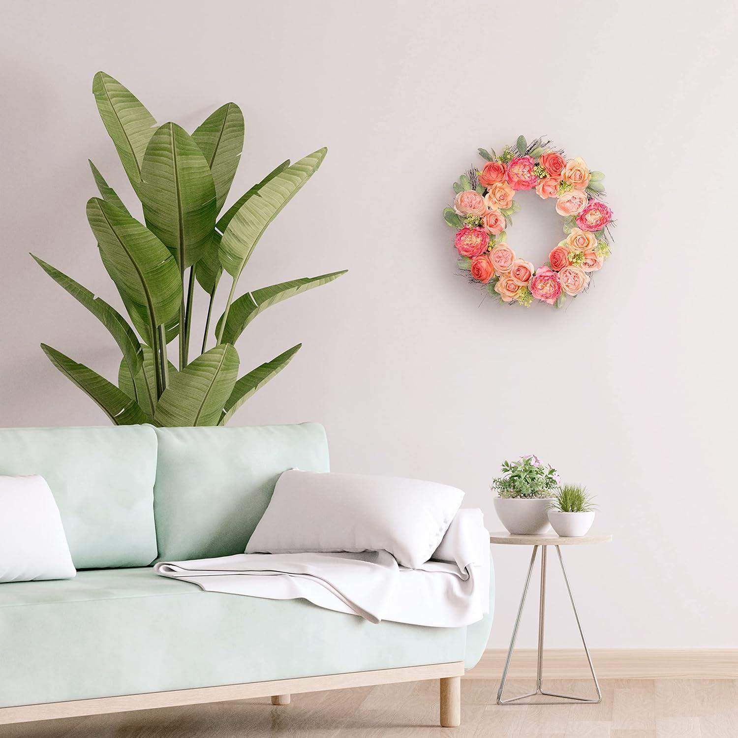 Puleo International 24 in. Artificial Peony, Rose Floral Spring Wreath with Green Leaves