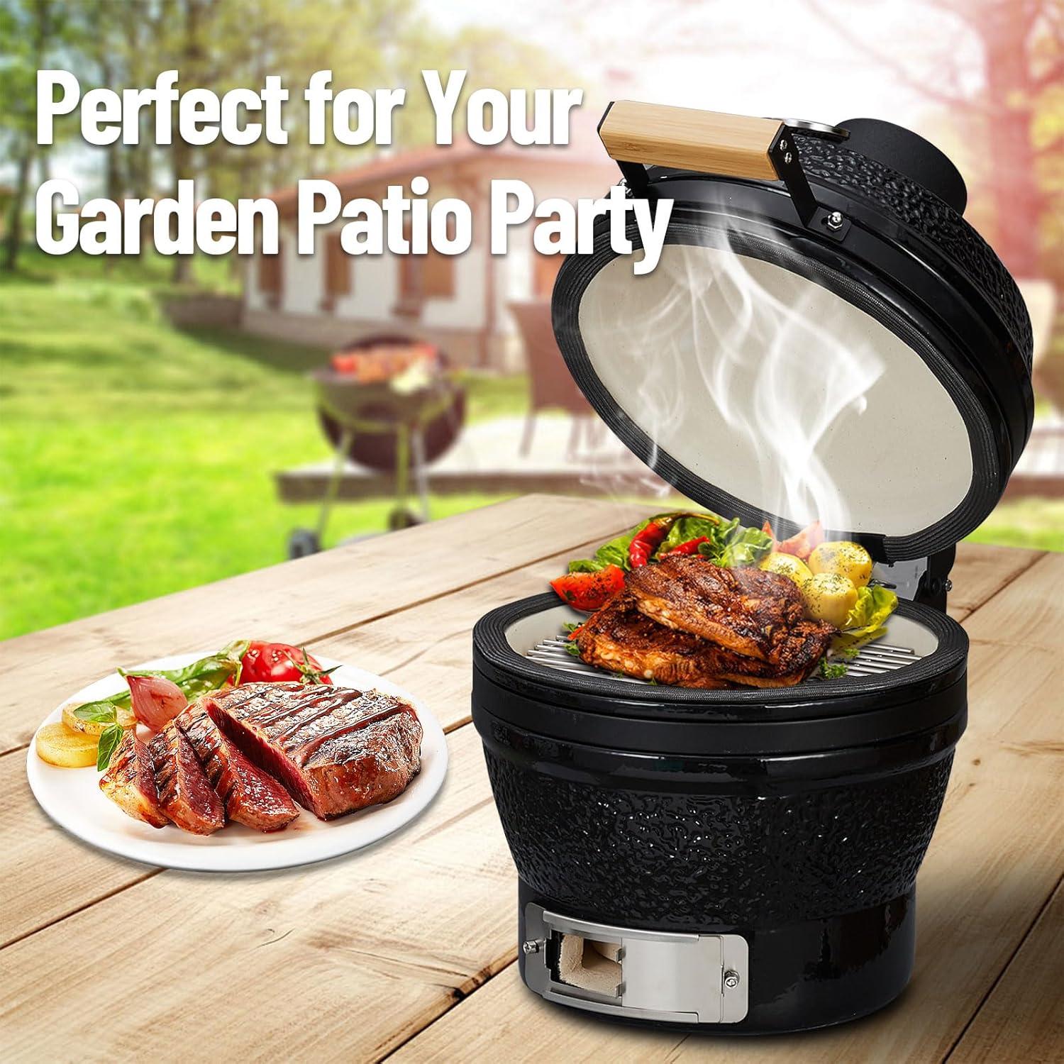 13-Inch Portable Ceramic Charcoal Grill with Grill Stand, Egg Shaped Ceramic Charcoal Grill w 10.6" Stainless Steel Cooking Grate, Heat Deflectors and Ash Tool for Outdoor Barbecue, Baking