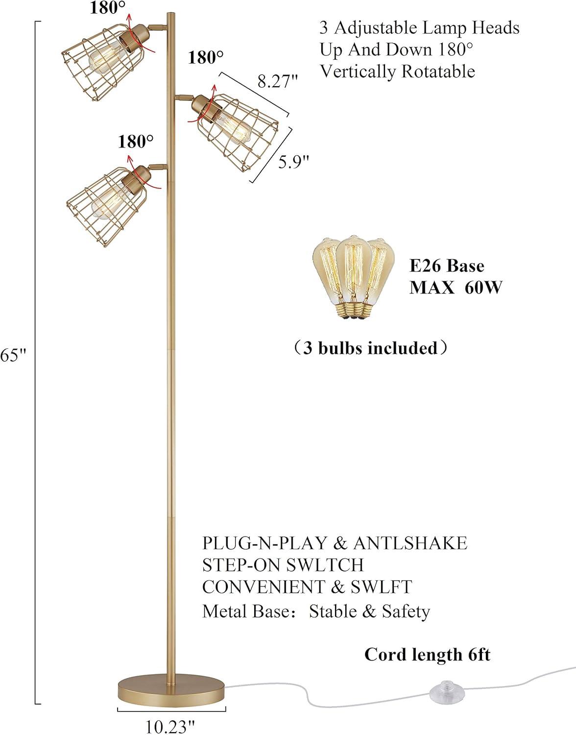 65'' Gold Adjustable Industrial Floor Lamp with Edison Bulbs