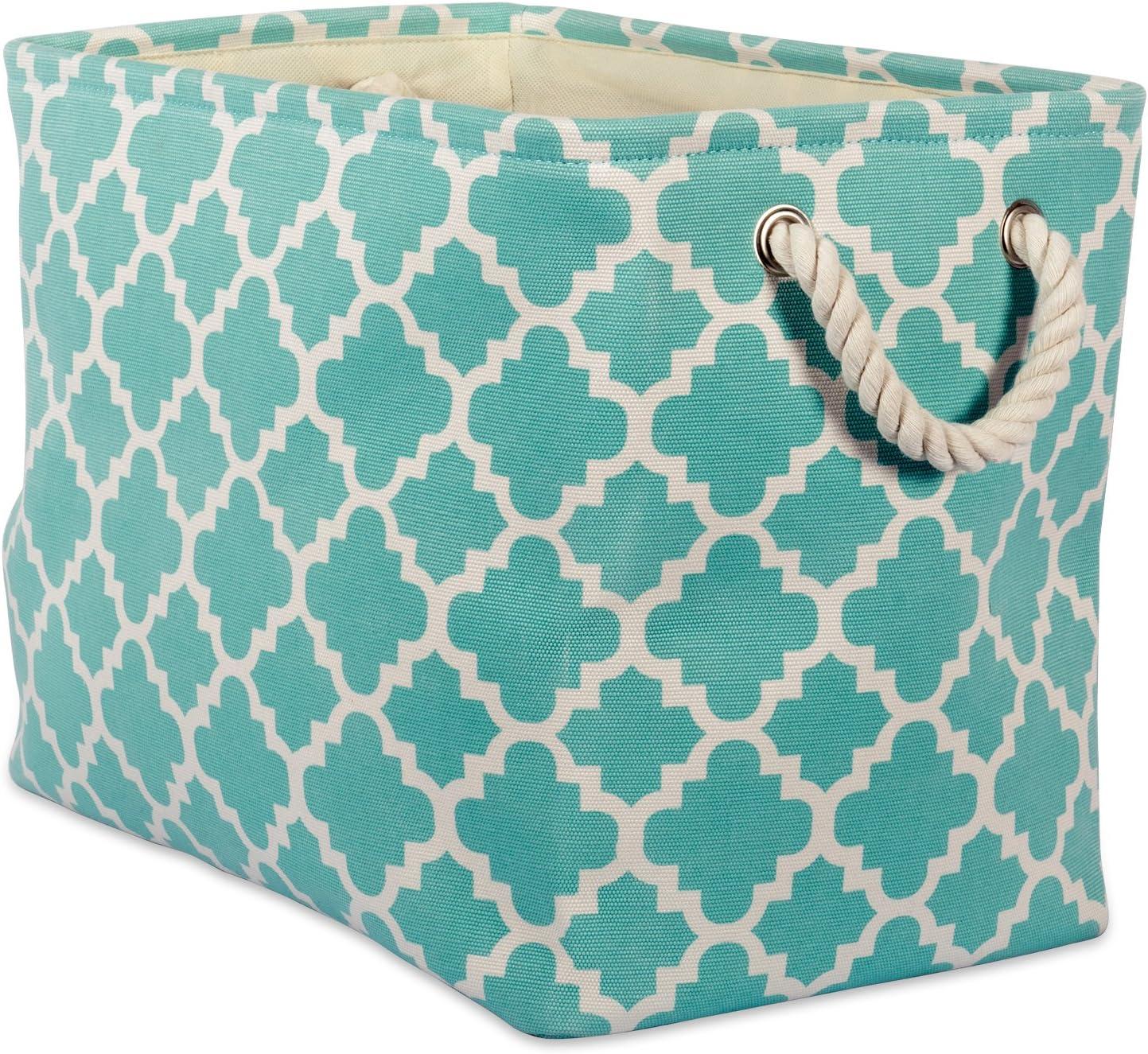 Aqua and White Fabric Collapsible Storage Bin with Rope Handles