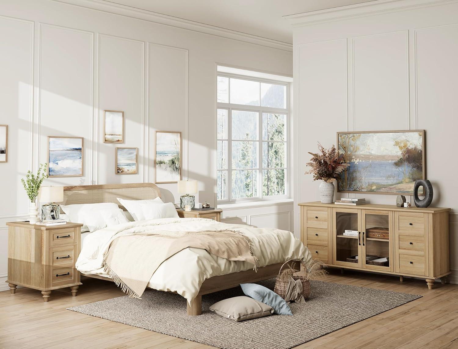 WAMPAT Farmhouse End Table with Charging Station, Light Wood Sofa Side Table with Storage Cabinet, Narrow Night Stand Bedside Table with Drawer for Living Room, Bedroom, Oak