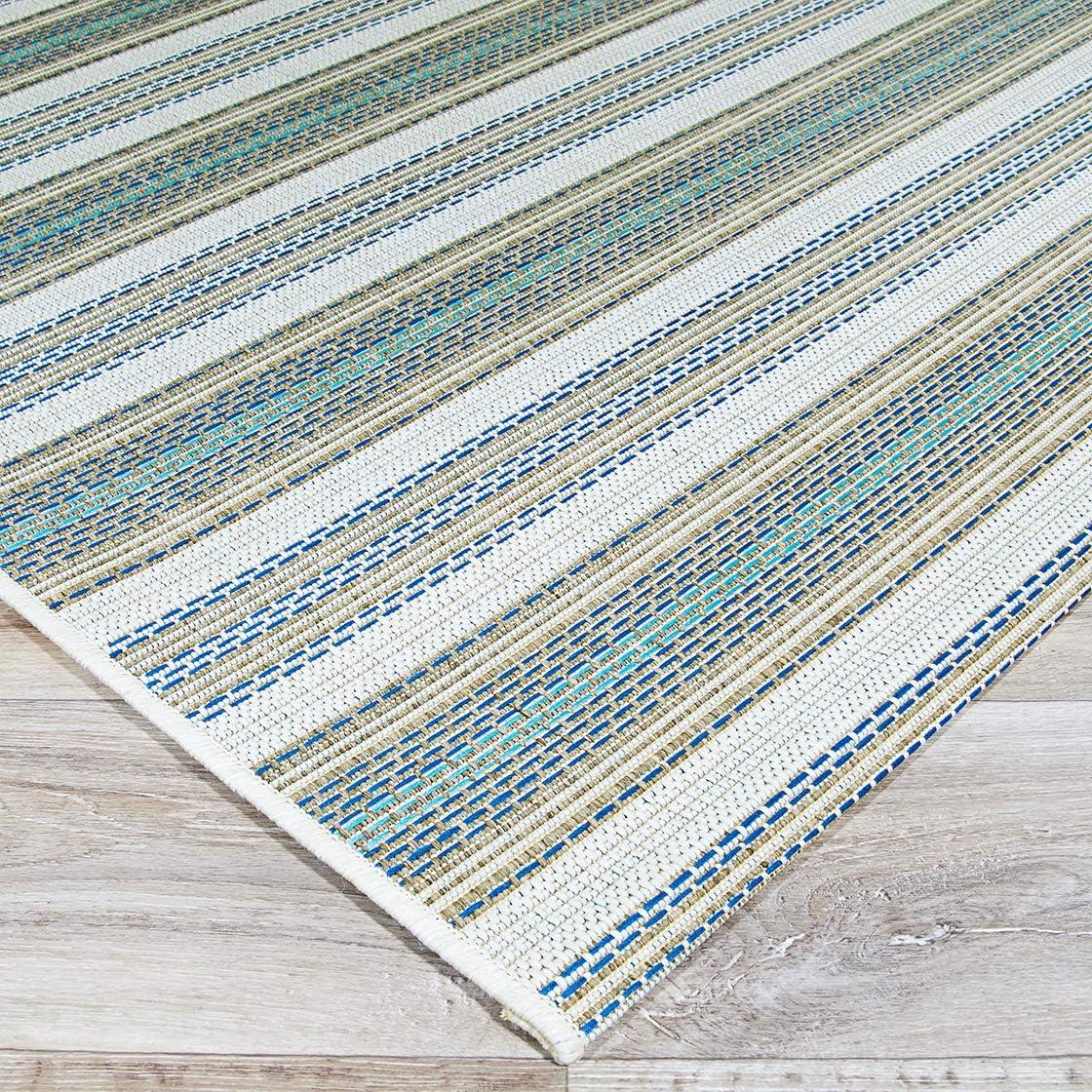 Ivory Sand Azure Blue 6' x 9' Flat Woven Stripe Rug