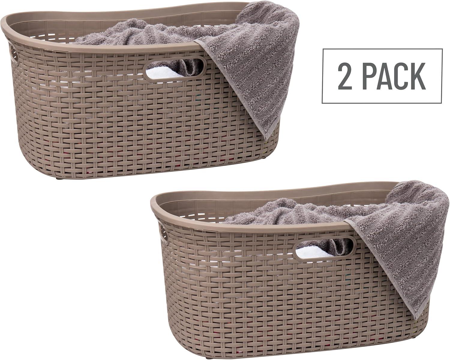 Mind Reader 40L Laundry Basket, Clothes Hamper, Lid, Wicker Design, Plastic, 23"L x 14.5"W x 11"H, Set of 2, Tan