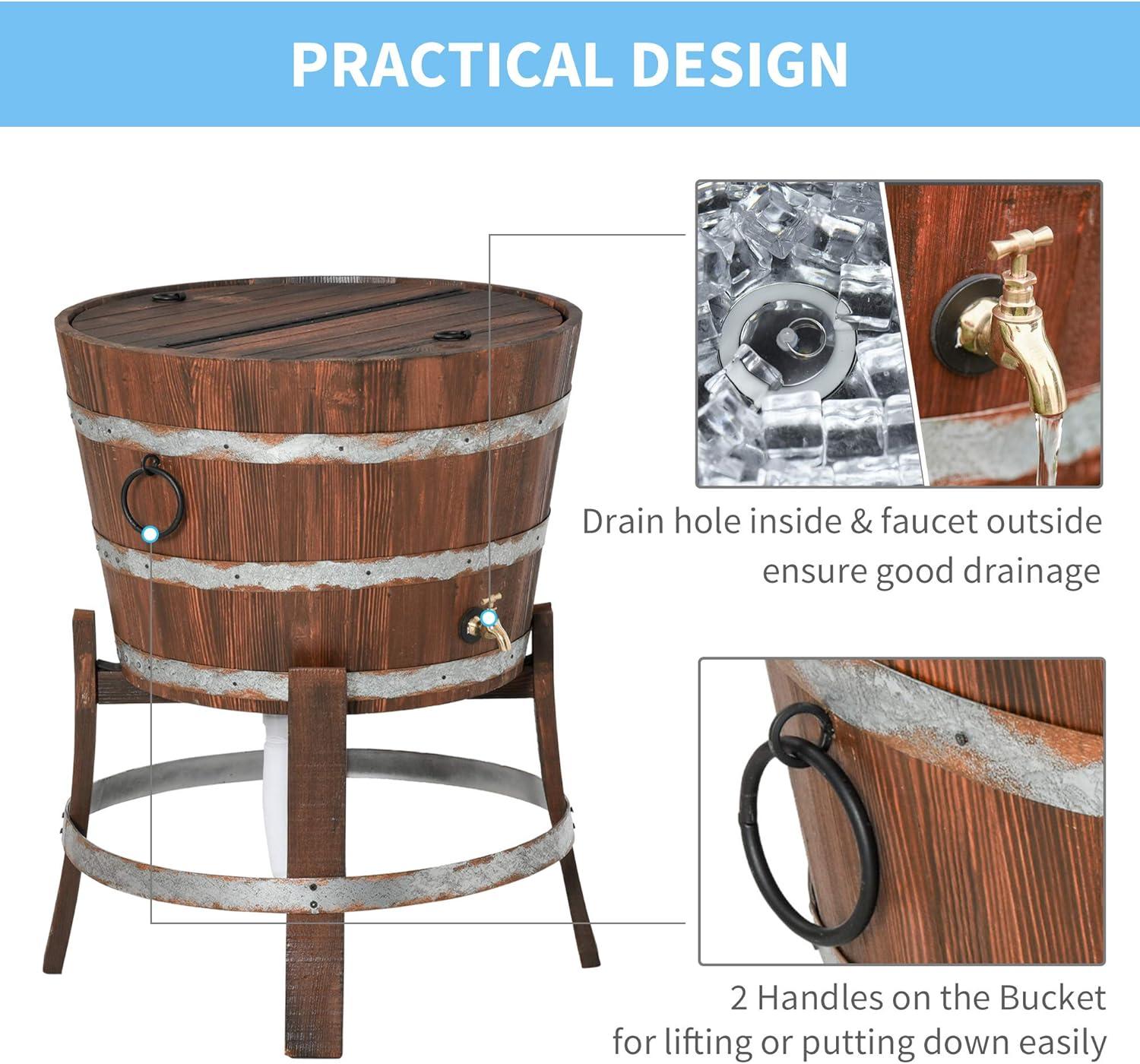 Outsunny 13 Gallons Retro Style Wooden Cooler Ice Bucket with Support Frame, Foldable Flip Cover, and Drain Faucet
