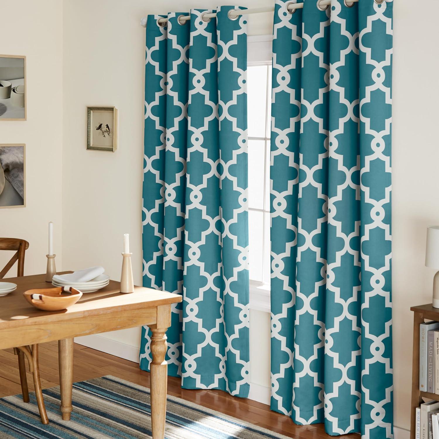 Teal and White Geometric Blackout Grommet Curtain Panels, 52x84