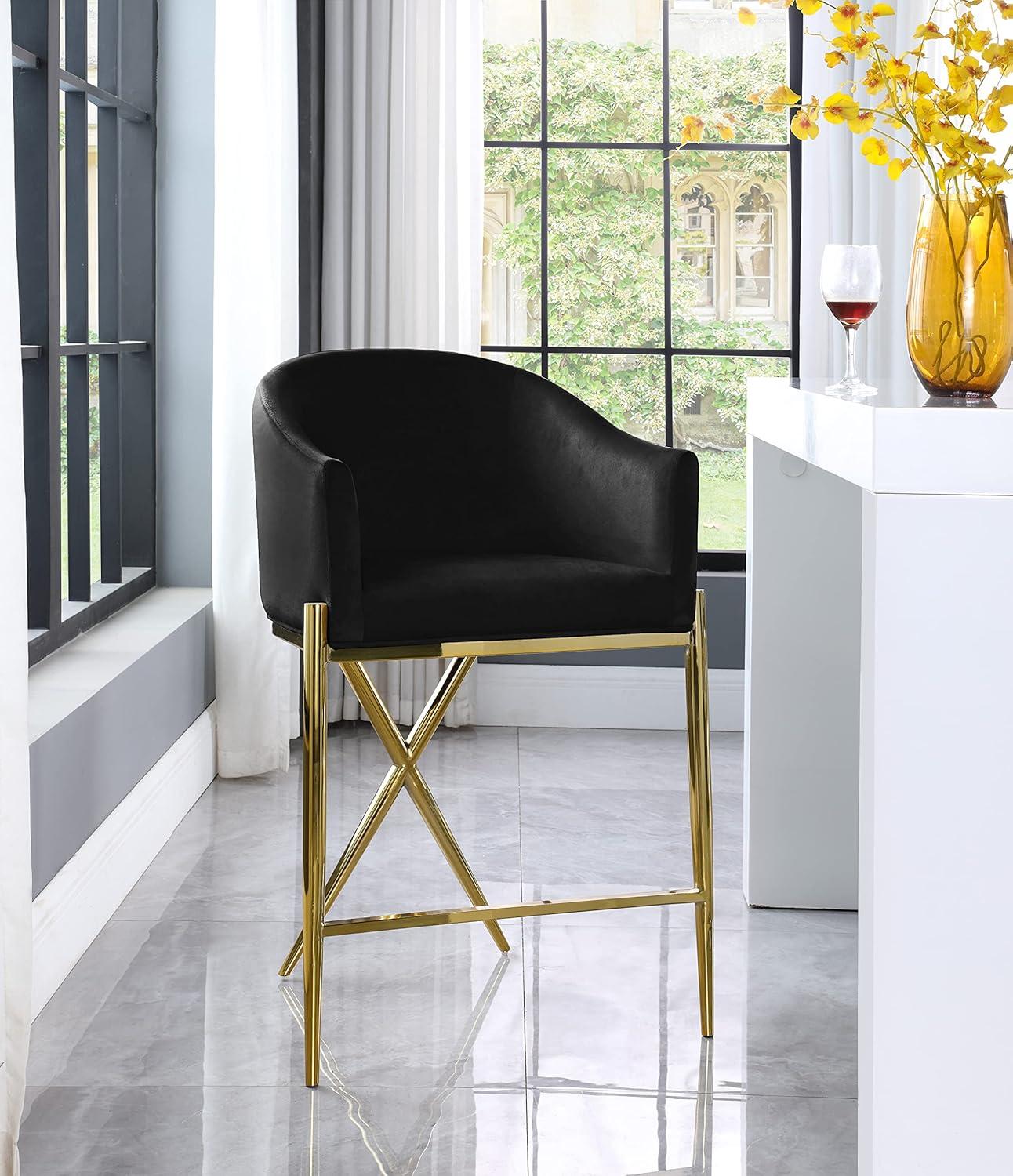 Velvet-Clad Black Counter Stool with Gold Metal Frame, 38" Height