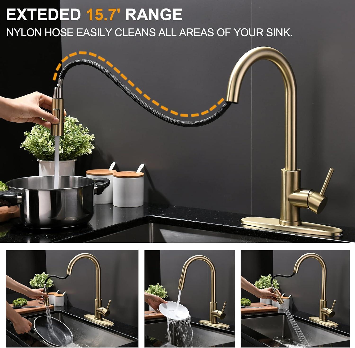 Kitchen Faucet Single Handle Stainless Steel Kitchen Sink Faucet with Pull Out Sprayer Brushed Gold Sprayer and Handle