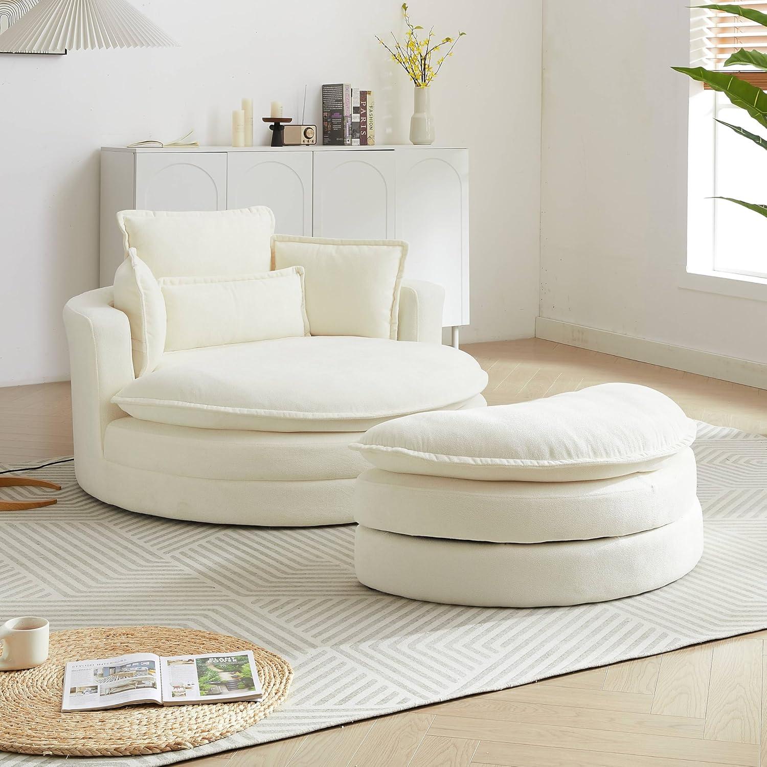 DEINPPA Swivel Round Barrel Chair with Storage Ottoman and 4 Movable Pillow Backrest, 360° Round Rotating Sofa Chair for Living Room, Hotel, Bedroom, Office, Lounge (Green + Chenille+ Foam)