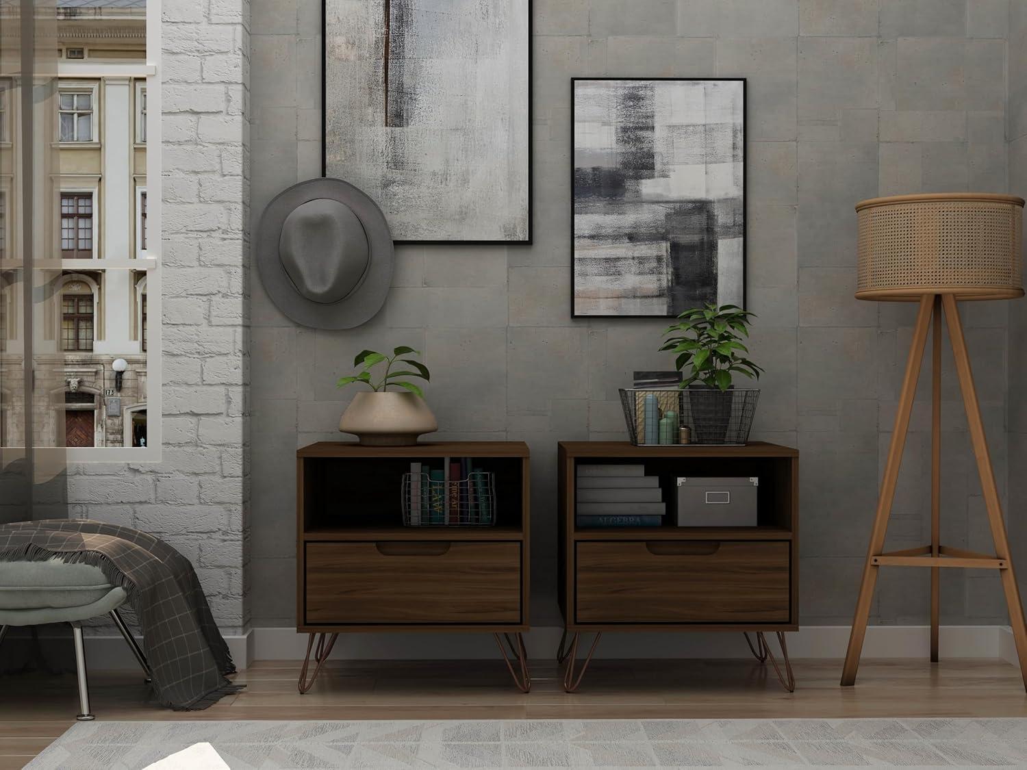 1.0 Rockefeller Nightstand Brown - Manhattan Comfort: Modern Bedside Table with Storage, Shelving & Metal Glides