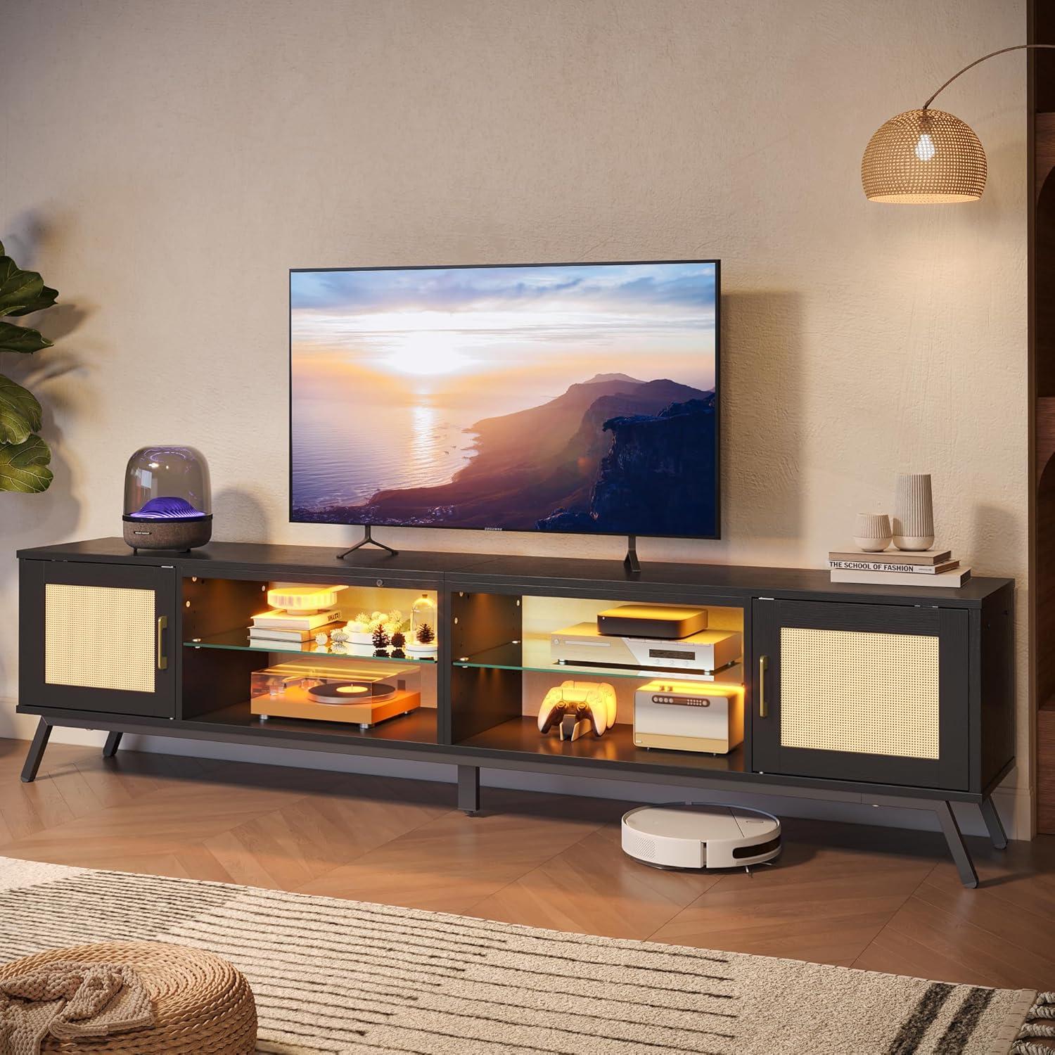 Bay Isle Home™ Alwies 80 inch TV Stand for TVs up to 85", Combinable Entertainment Center with LED Light and Adjustable Shelves, 4-1 Rattan TV console