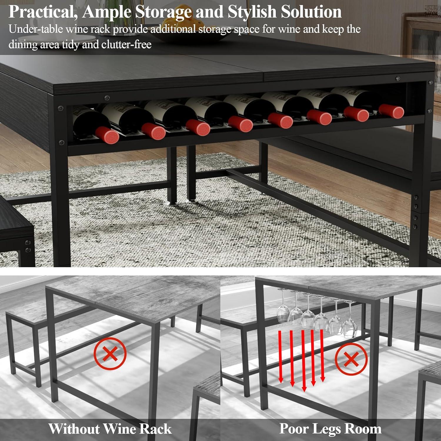 17 Stories Zubie 63"Dining Table Set for 4-6, 3-Piece Kitchen Table with 2 Utensil Drawers,2 Benches&Wine Rack