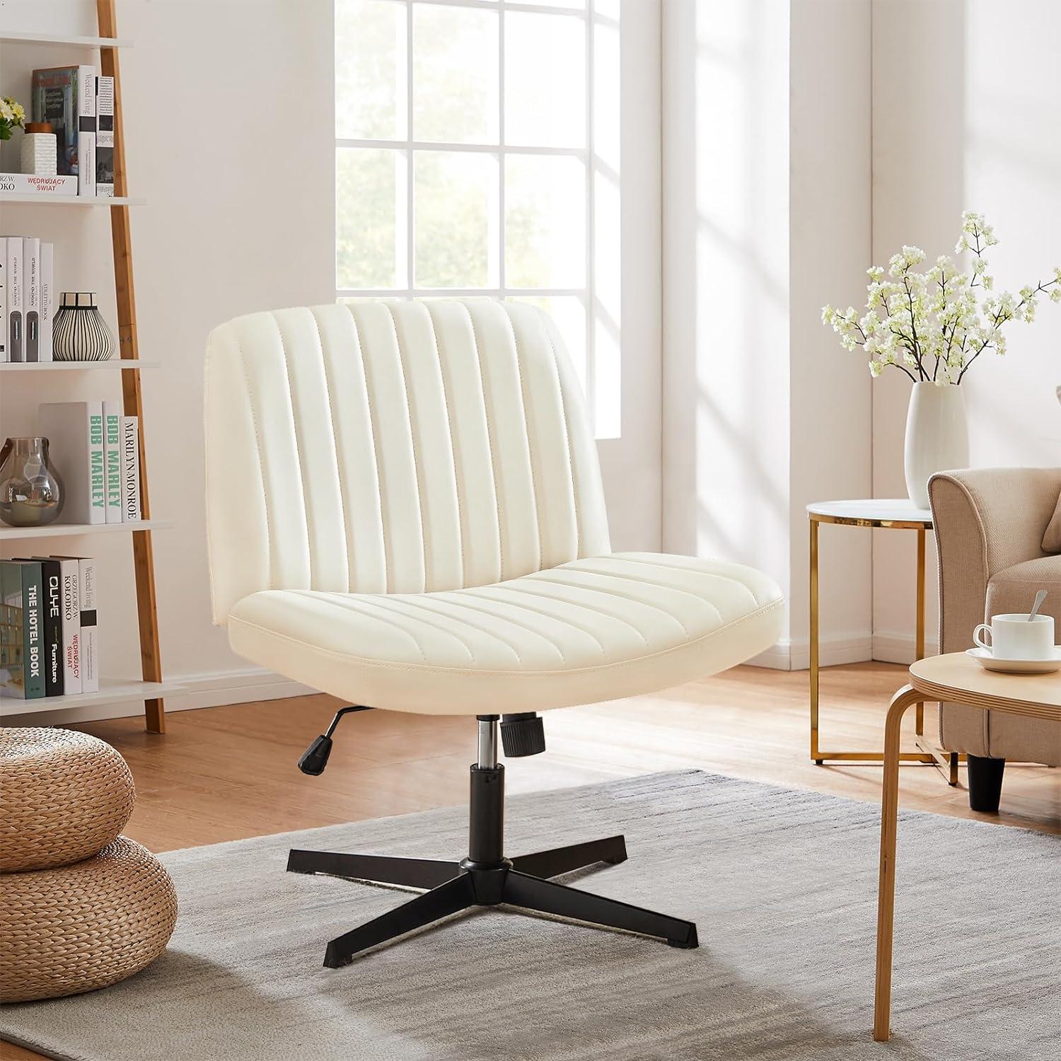 Sweetcrispy Criss Cross Chair Legged, Armless Office Desk Chair No Wheels, Swivel Vanity Chair, Height Adjustable Wide Seat Computer Task Chair, Fabric Vanity Modern Home Chair Cream
