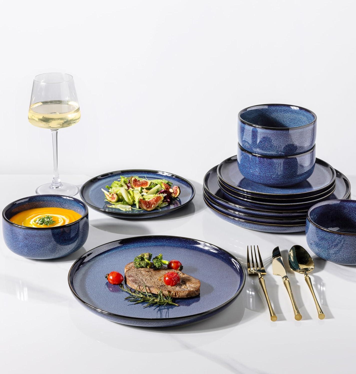 One Allium Way® 12-Piece Reactive Glaze Plate and Bowl Set, 4-Person Dinnerware Set, Scratch Resistant Dinnerware Set