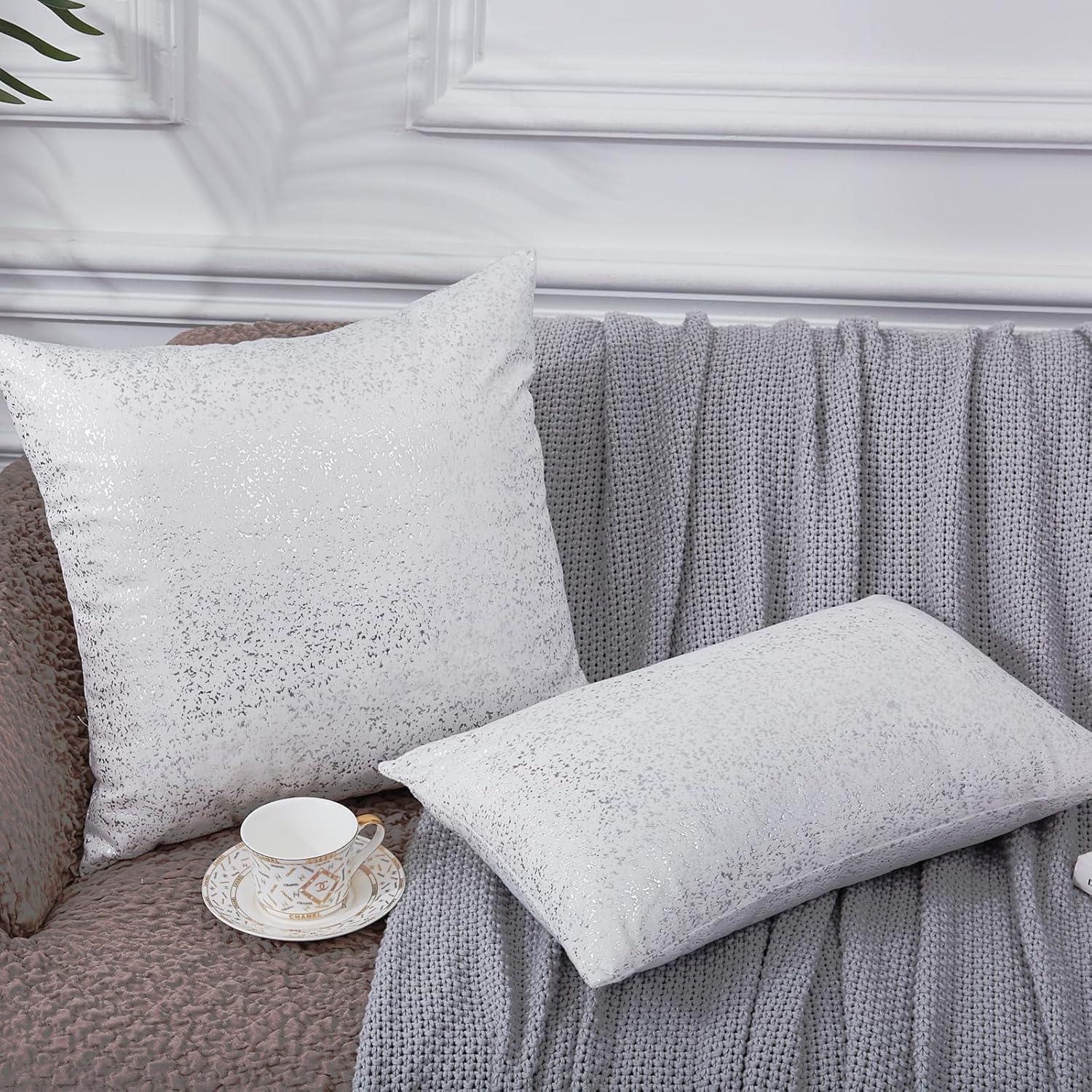 Silver Velvet Bliss Pillow Covers - Set of 2 White 18x18 Decorative Square Throw Pillows for Home Decor. Ideal for Bedroom, Living Room, Couch, Bed, and Sofa. Luxurious White and Silver Design.
