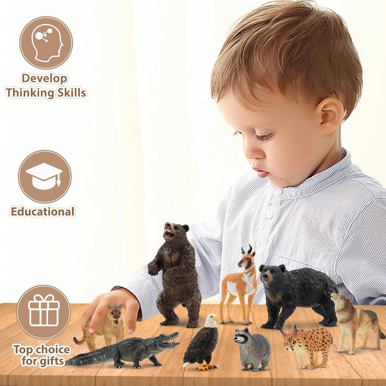 Toymany 12PCS North American Forest Animal Figurines, Realistic Jungle Animal Set Includes Raccoon,Lynx,Wolf,Bear,Eagle, Educational Toy Cake Toppers Christmas Birthday Gift for Kids Toddlers