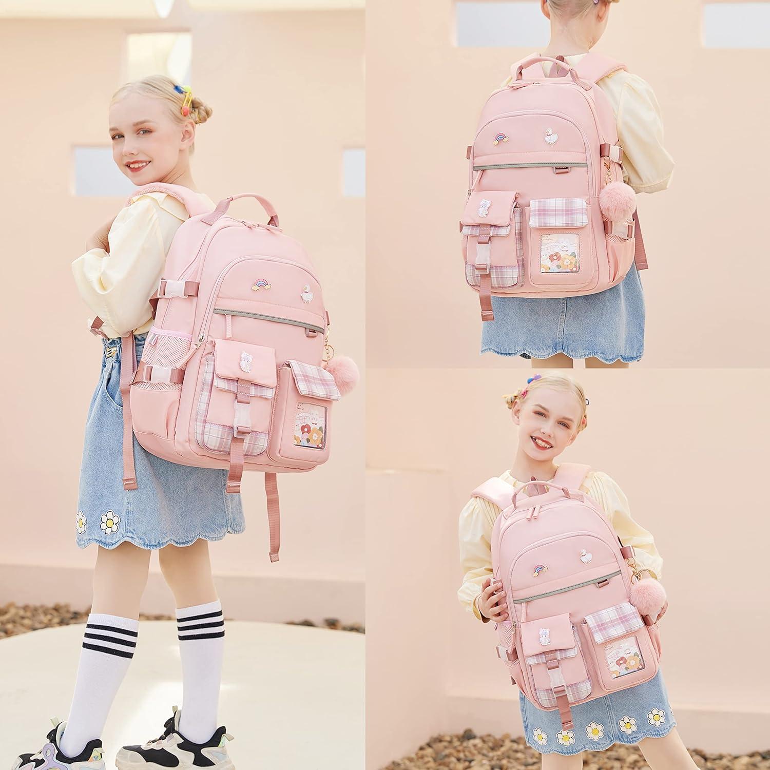 Backpack for Girls, 15.6 Inch Laptop School Bag Kids Kindergarten Elementary College Backpacks Large Bookbags for Teen Girl Women Students Casual Travel Daypacks (Pink)
