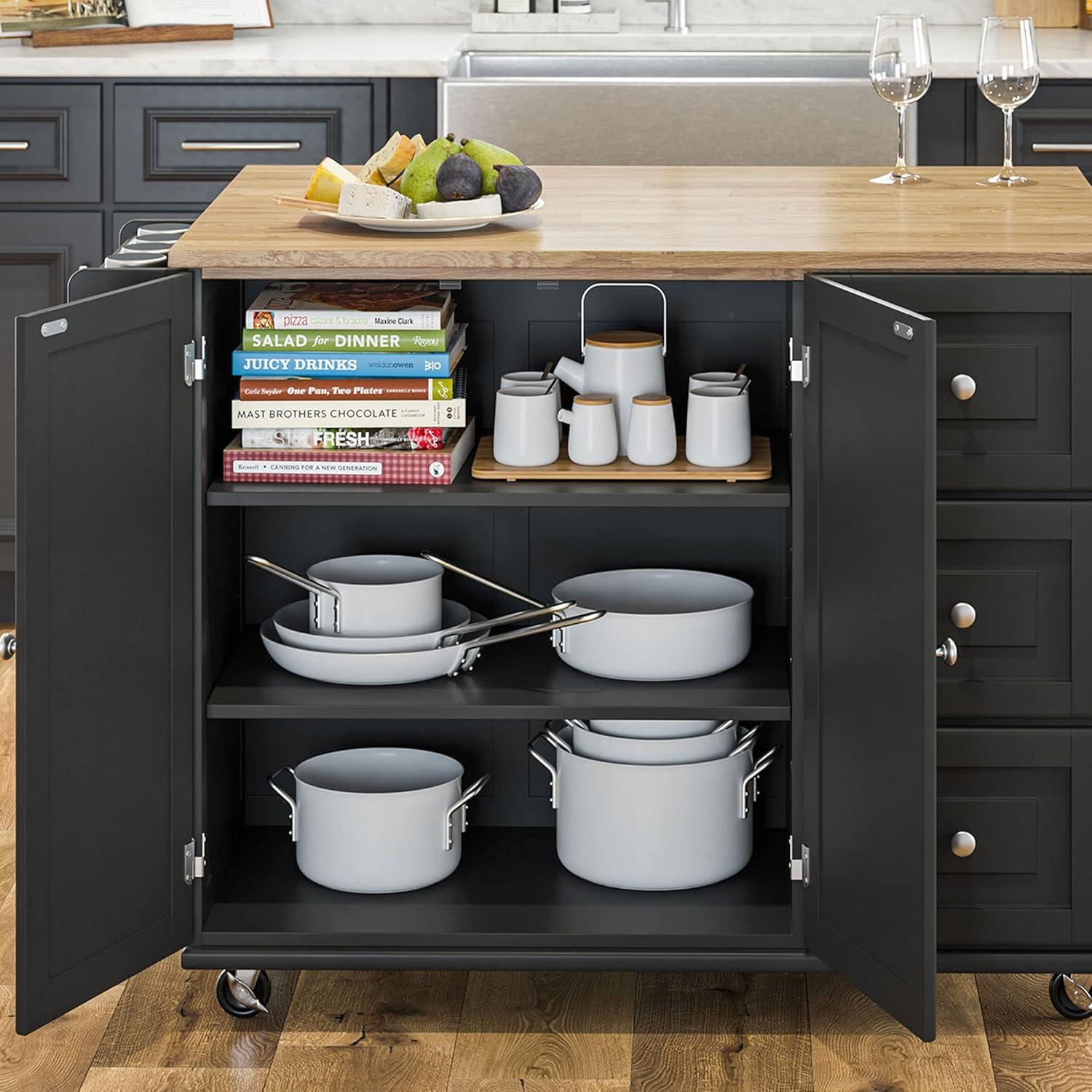 Black Wood Kitchen Cart with Drop Leaf and Storage