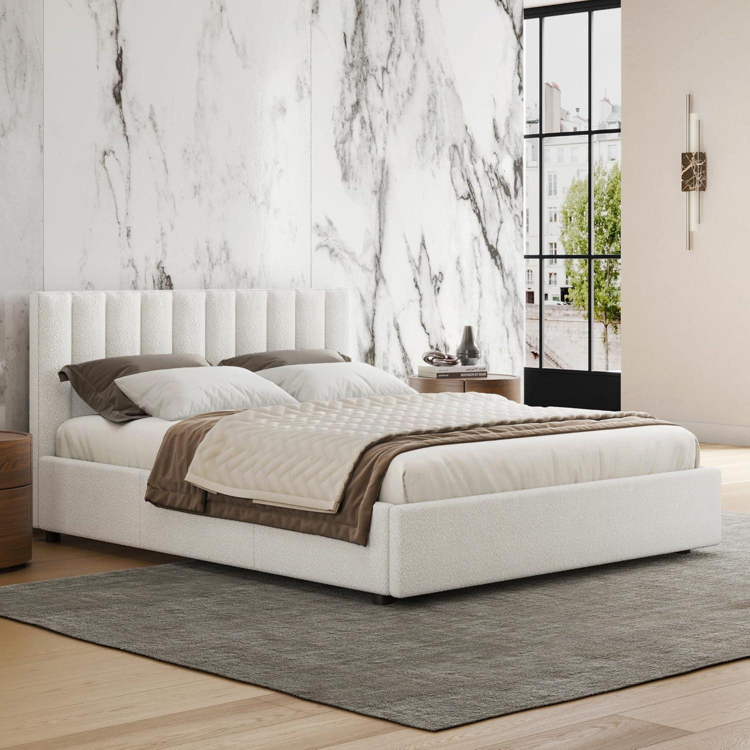 Omax Decor Jaxon Upholstered Platform Queen Bed in White Boucle Fabric
