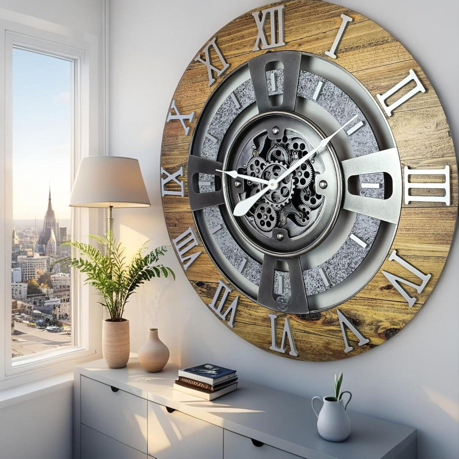 The Gears Clock Wall Clock 36" Oversized for Living Room decor with Real Moving Gears England Collection