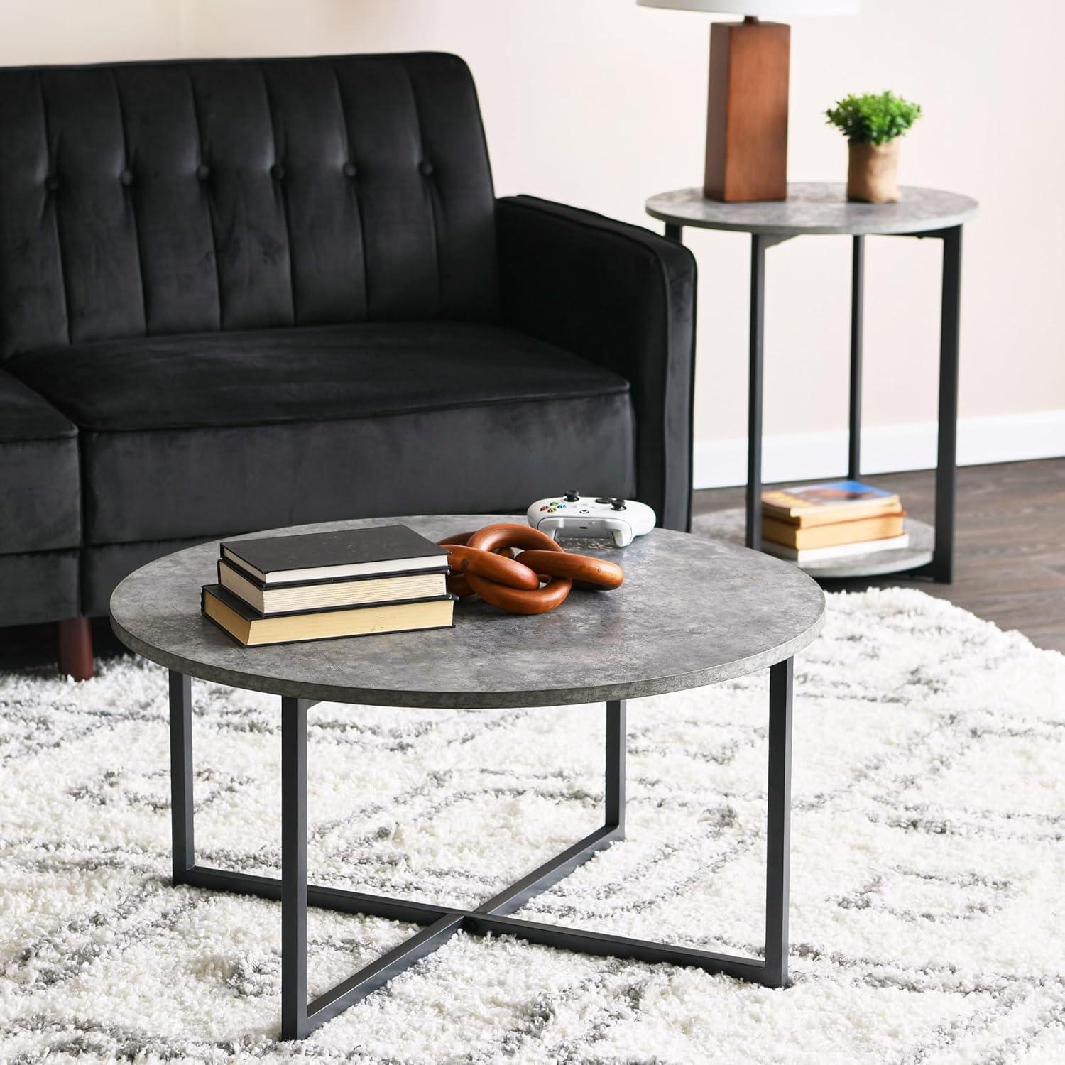 Slate Gray Modern Round Coffee Table with Steel Frame