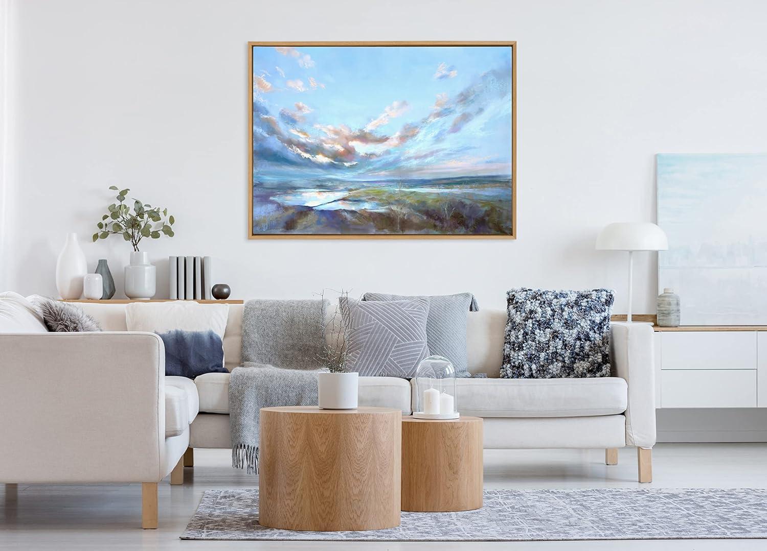 Kate and Laurel Sylvie Looking West Fairburn Ings Framed Canvas Wall Art by Nel Whatmore, 28x38 Natural, Blue Ocean Skies Landscape Painting Art for Wall Decor
