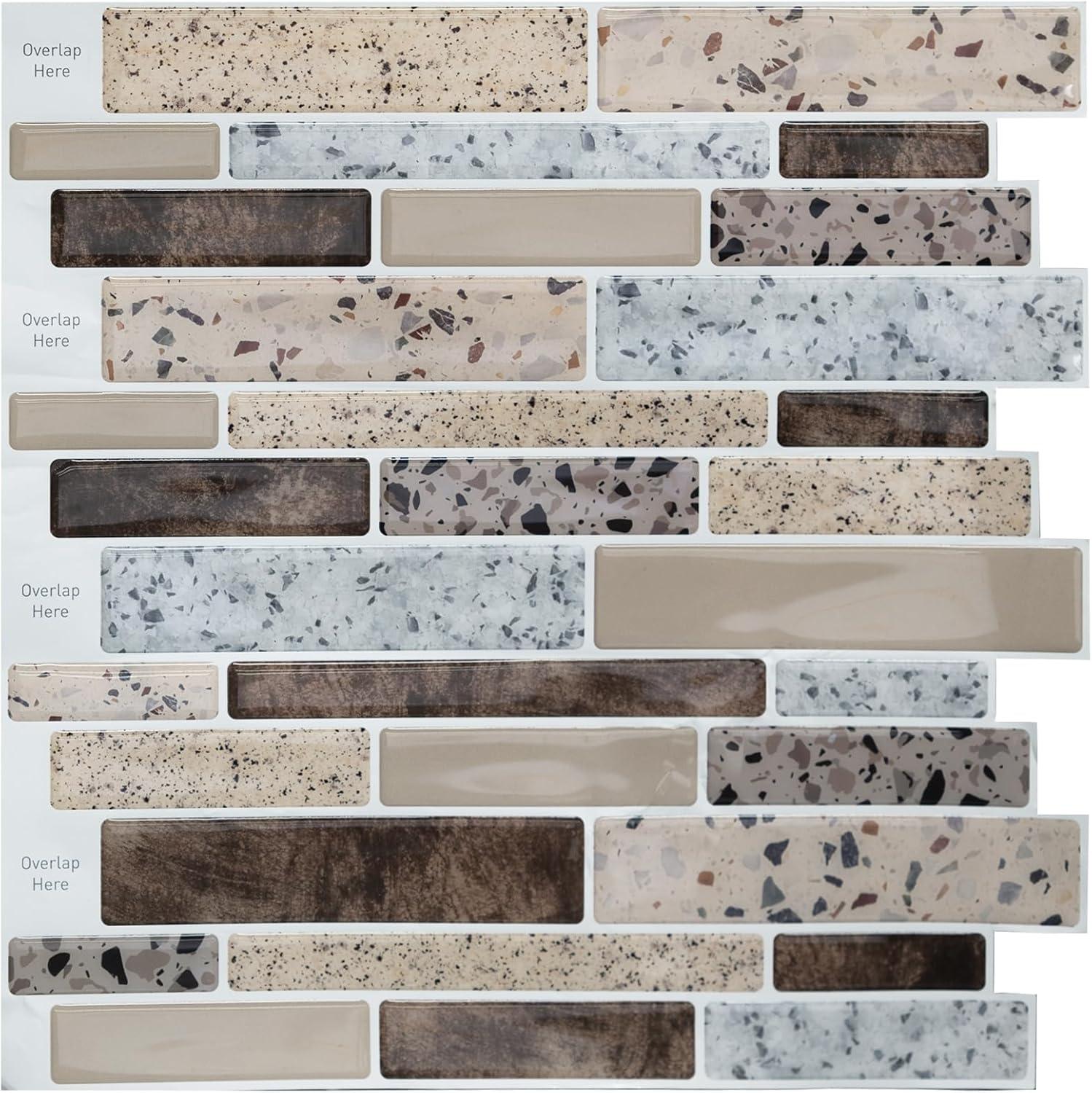 Art3d Peel and Stick Backsplash Tiles for Kitchen, 10-Sheet Stick on Wall Tiles for Kitchen Bathroom Laundry Room Back Splashes, 12 x 12 Inch, Brown Stone Design