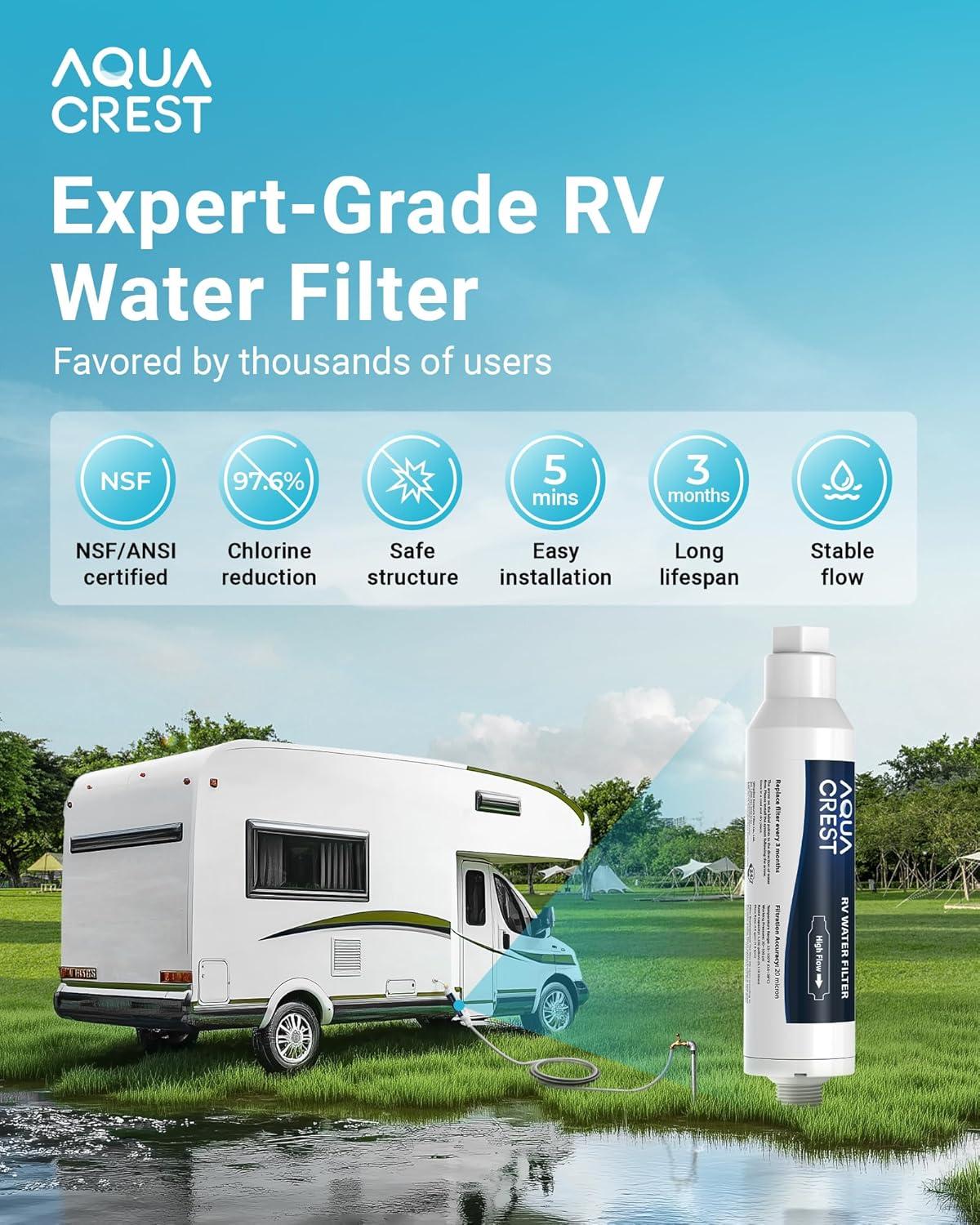 2 PACK, AQUA CREST RV Inline Water Filter with Hose Protector, NSF Certified, Greatly Reduces Chlorine, Bad Taste, Odor in Drinking Water, KDF Filter for RVs and Marines (Packaging May Vary)